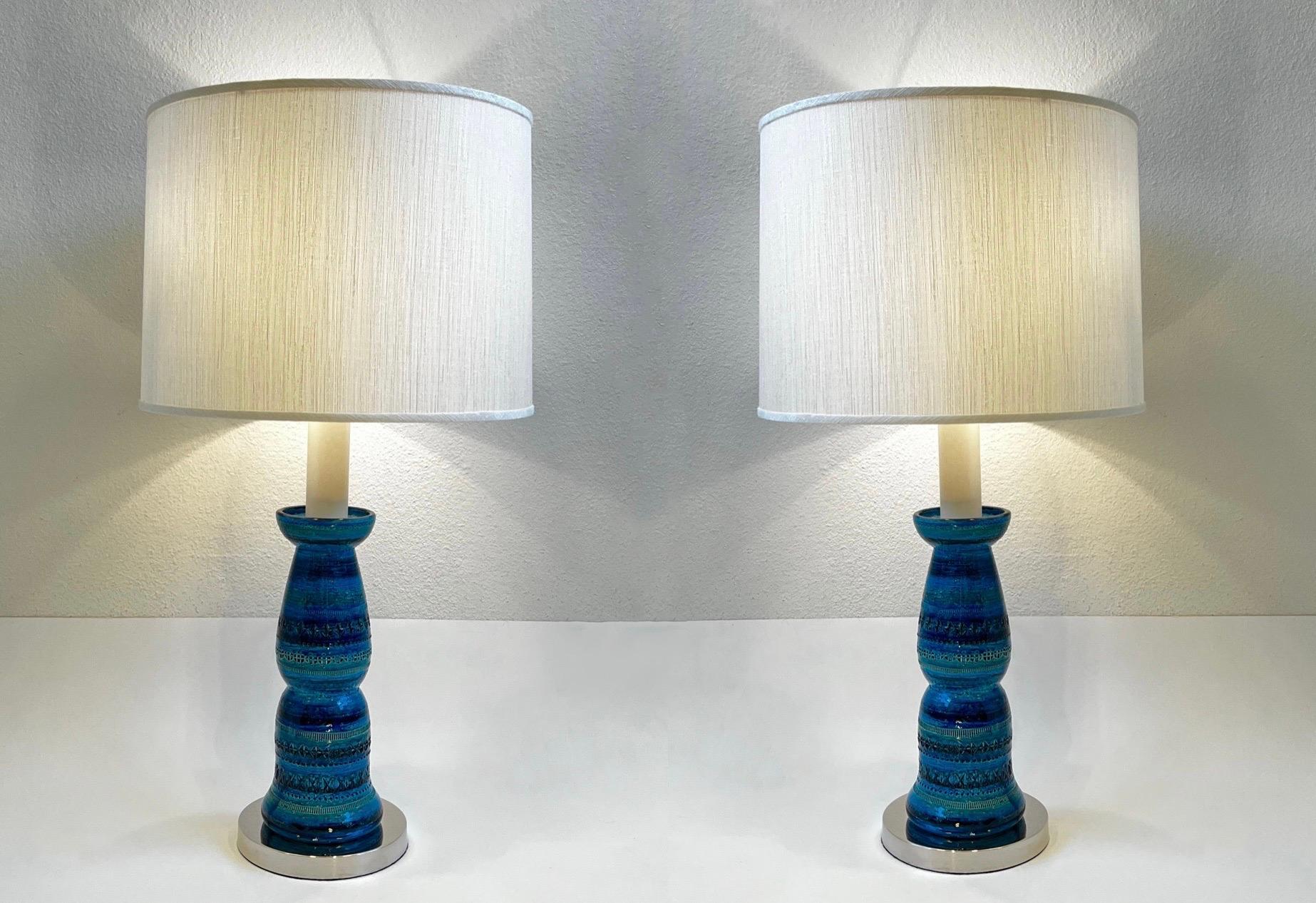 Ceramic Pair of Italian “Rimini Blue” Bitossi Table Lamps by Aldo Londi For Sale