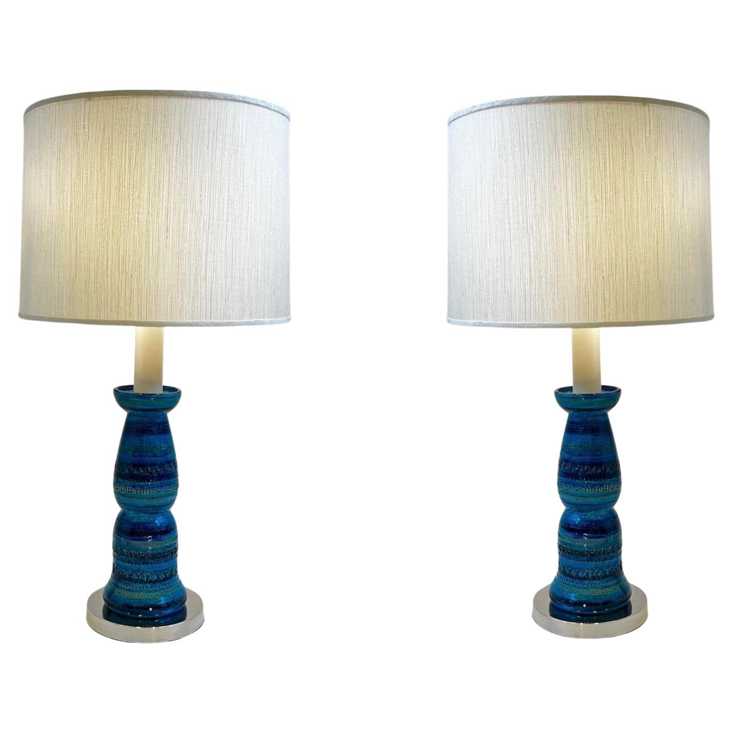 Pair of Italian “Rimini Blue” Bitossi Table Lamps by Aldo Londi For Sale