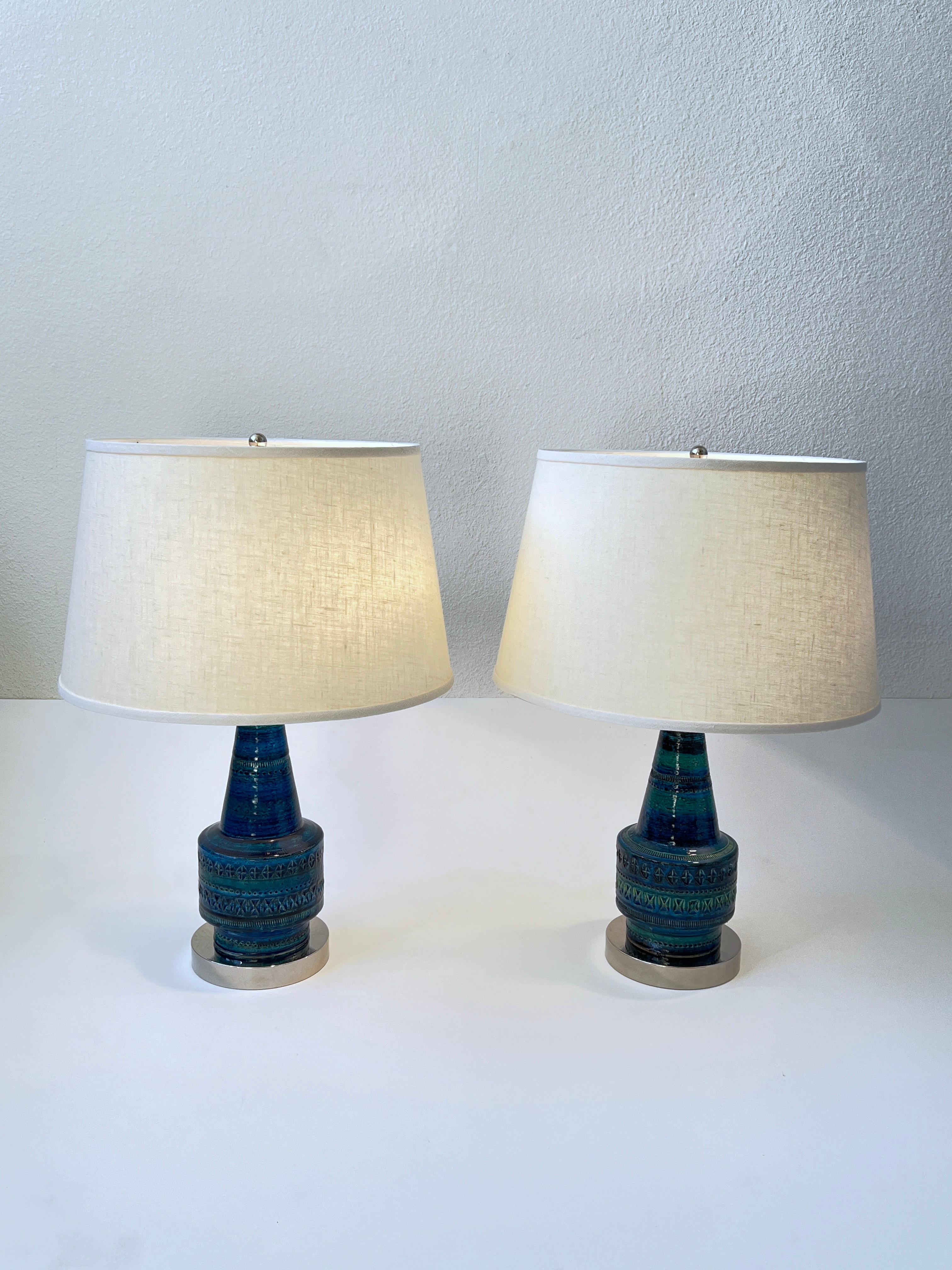 Mid-Century Modern Pair of Italian Rimini Blue Ceramic and Chrome Table Lamps by Bitossi For Sale