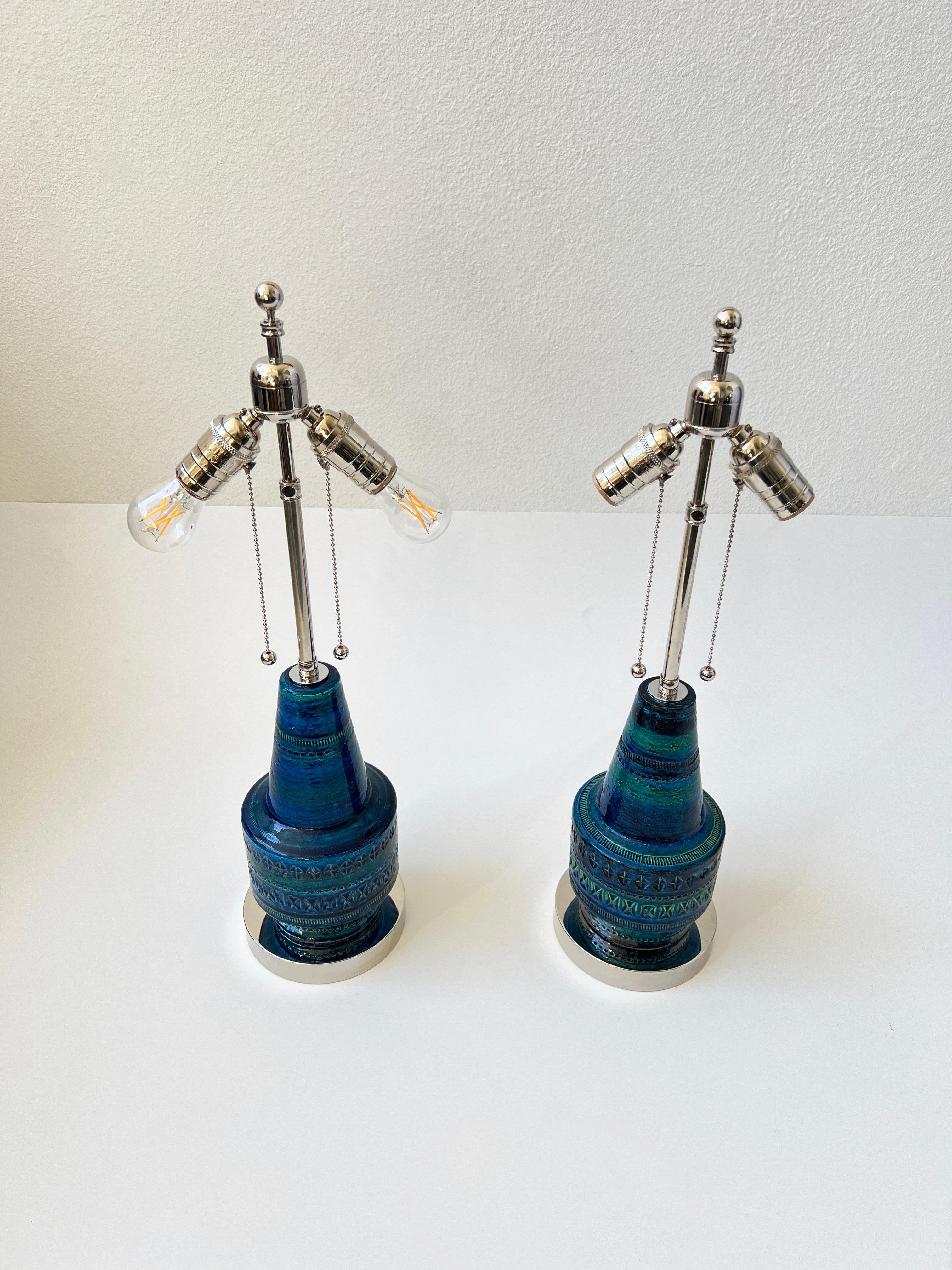 Mid-20th Century Pair of Italian Rimini Blue Ceramic and Chrome Table Lamps by Bitossi For Sale