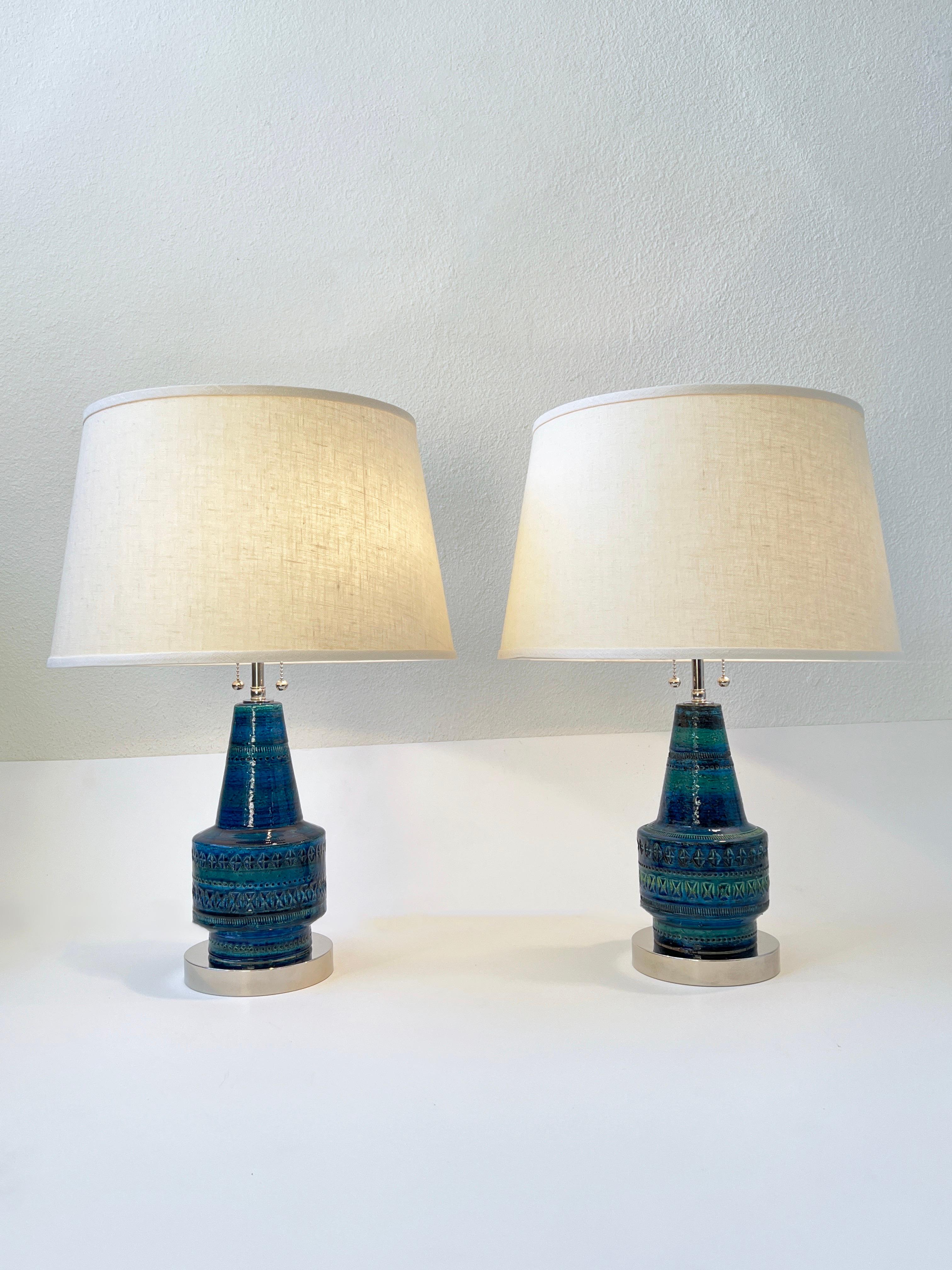 Pair of Italian Rimini Blue Ceramic and Chrome Table Lamps by Bitossi For Sale 3