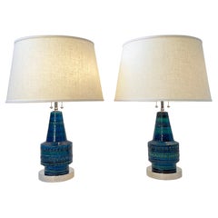 Pair of Italian Rimini Blue Ceramic and Chrome Table Lamps by Bitossi