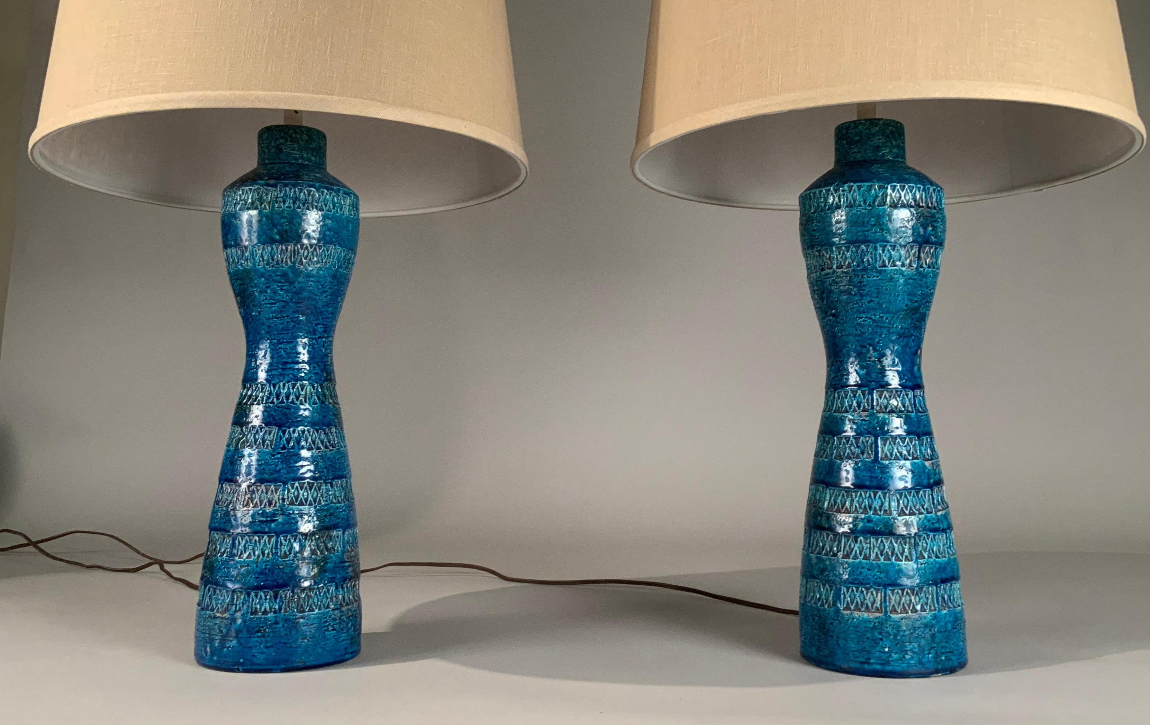 Pair of Italian Rimini Blue Ceramic Lamps by Aldo Londi for Bitossi 1