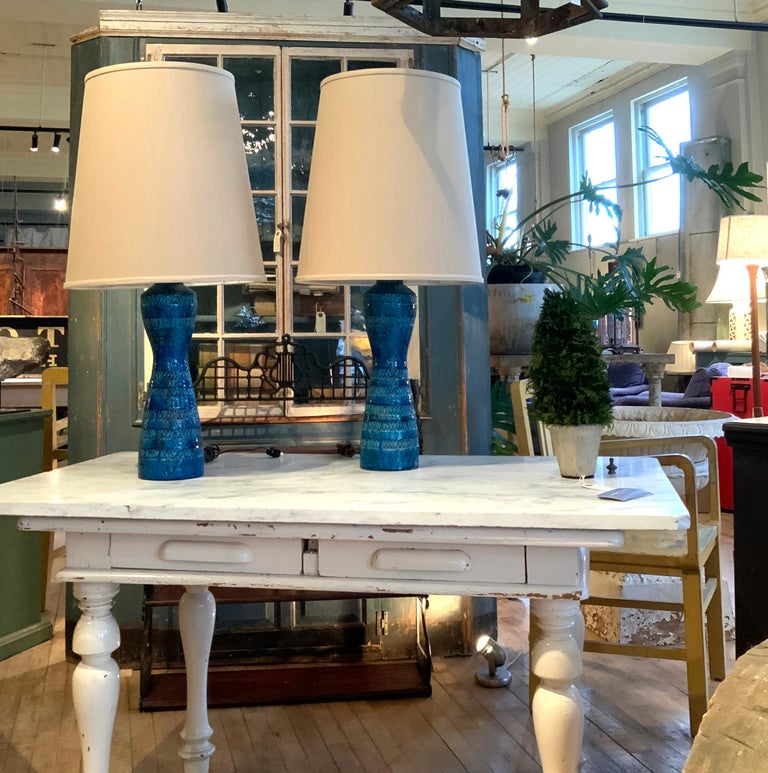 Pair of Italian Rimini Blue Ceramic Lamps by Aldo Londi for Bitossi For Sale 4