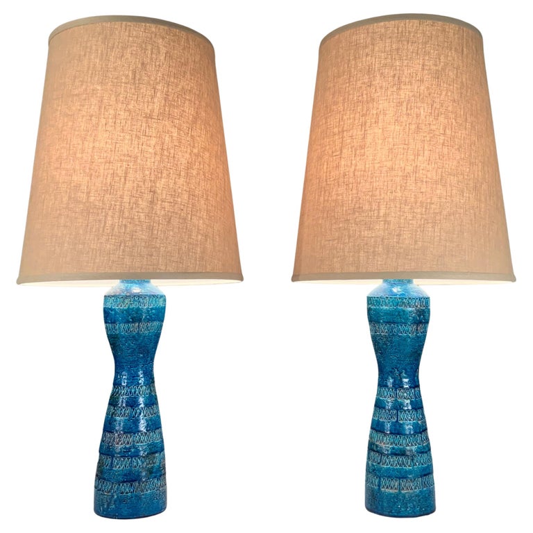 Pair of Italian Rimini Blue Ceramic Lamps by Aldo Londi for Bitossi For Sale