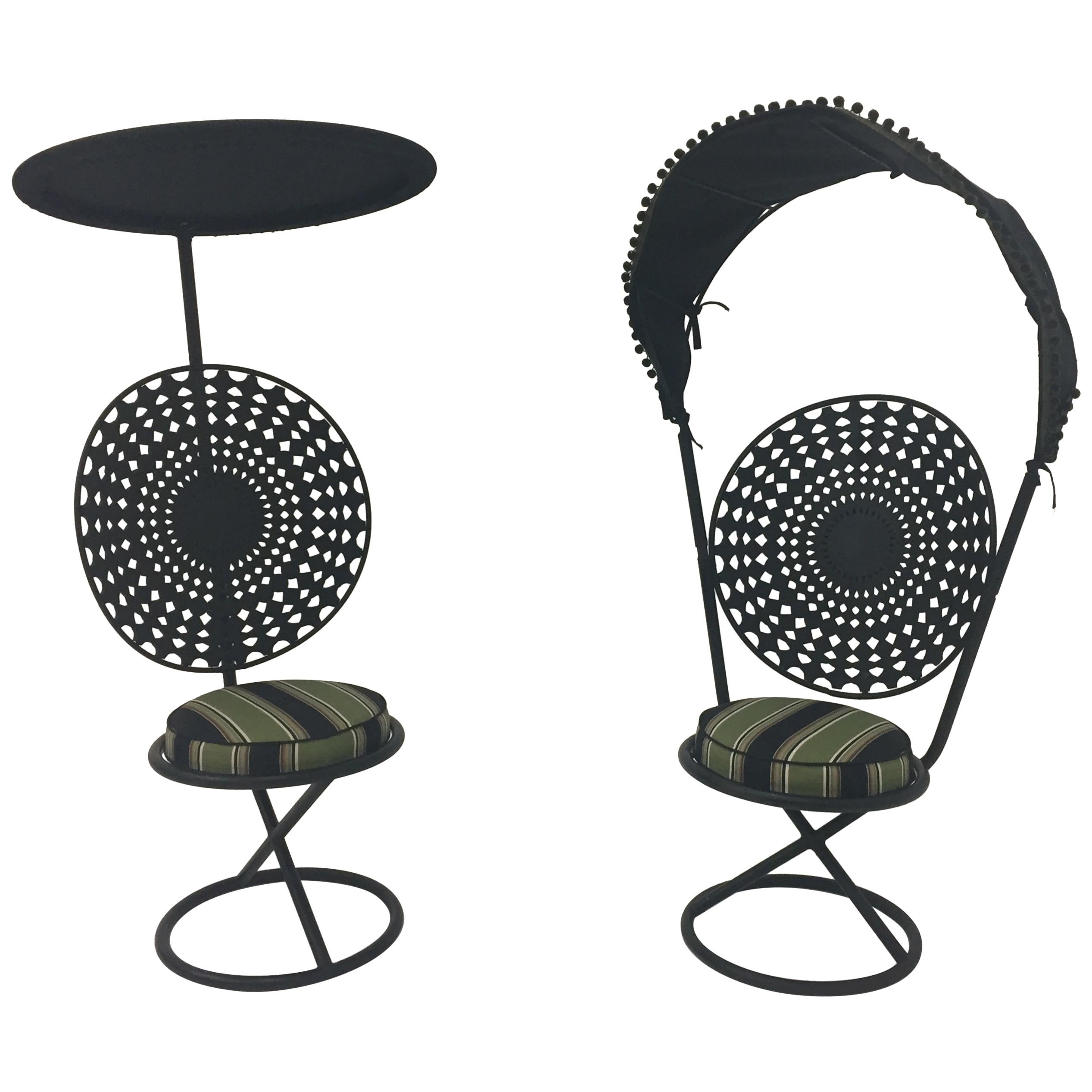 Pair of Italian Riviera Chic Outdoor Enameled Steel Canopy Chairs