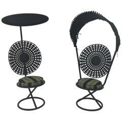 Retro Pair of Italian Riviera Chic Outdoor Enameled Steel Canopy Chairs