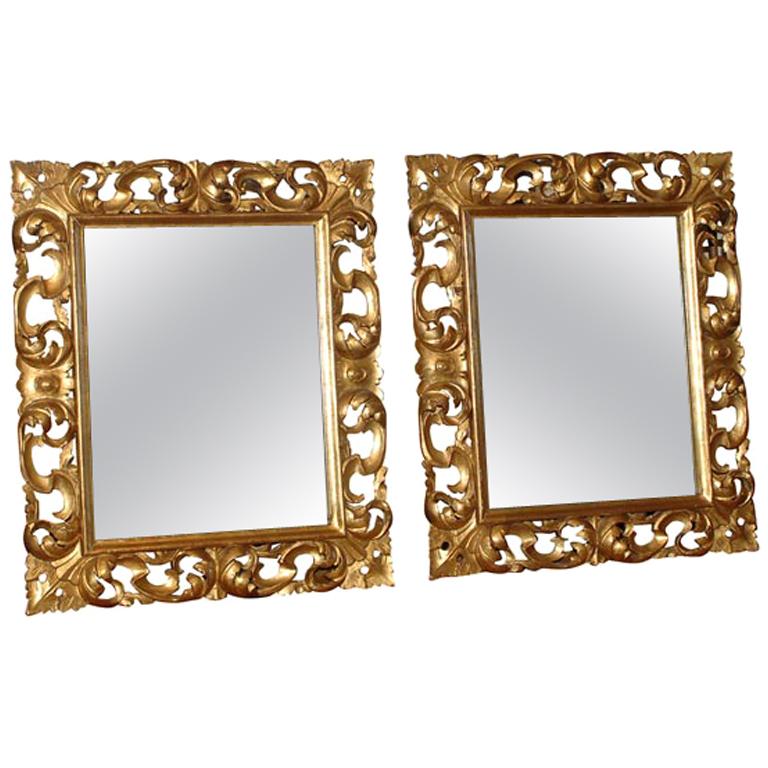 Pair of Italian Roccoco Style Gilt and Carved Wood Mirrors, Late 19th Century For Sale