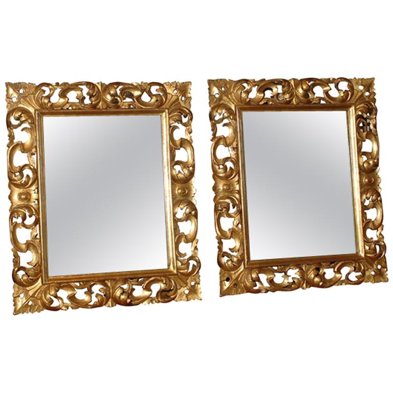Pair of Italian Roccoco Style Gilt and Carved Wood Mirrors, Late 19th ...