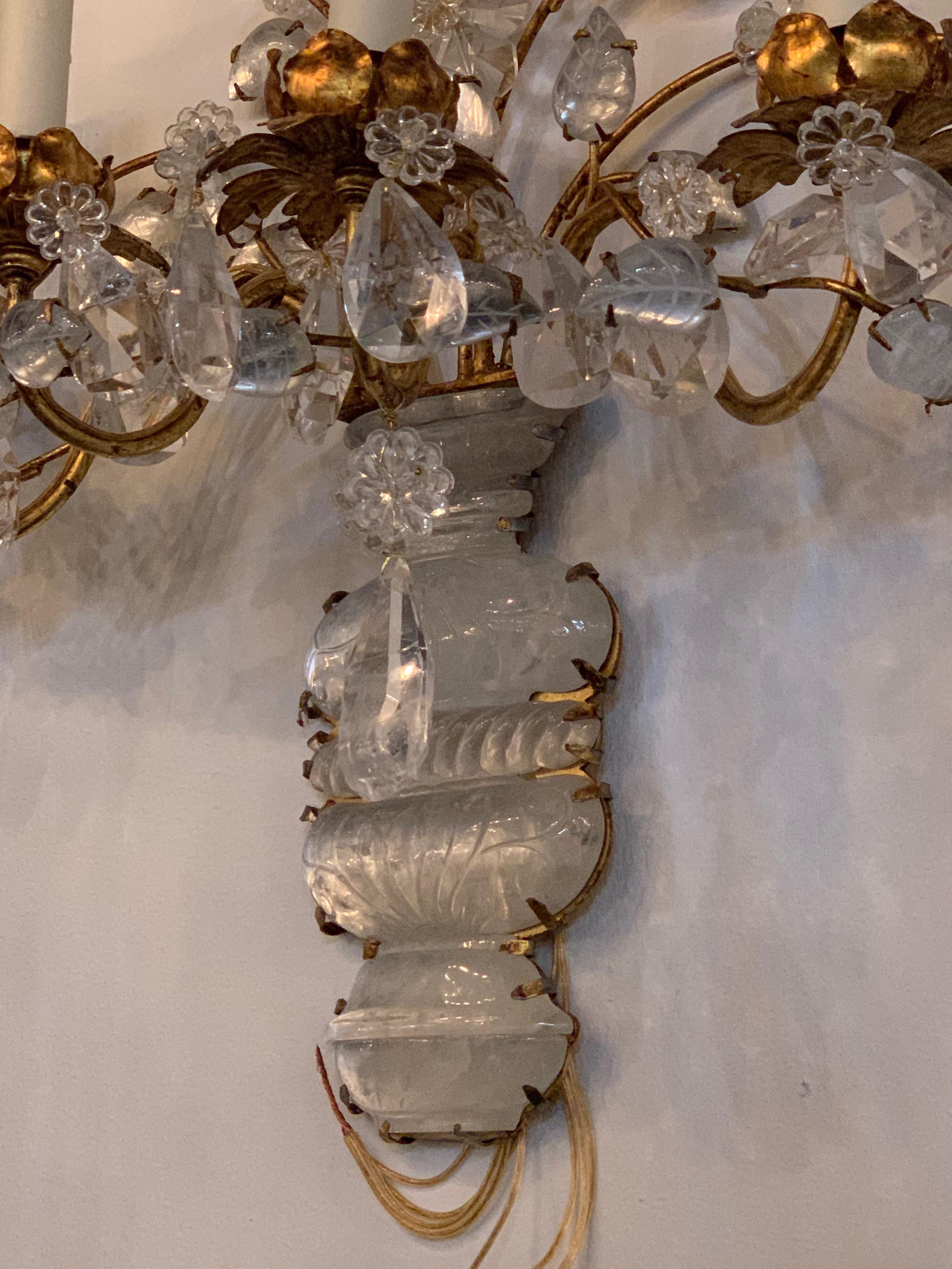 Contemporary Pair of Italian Rock Crystal and Gilt Metal Sconces