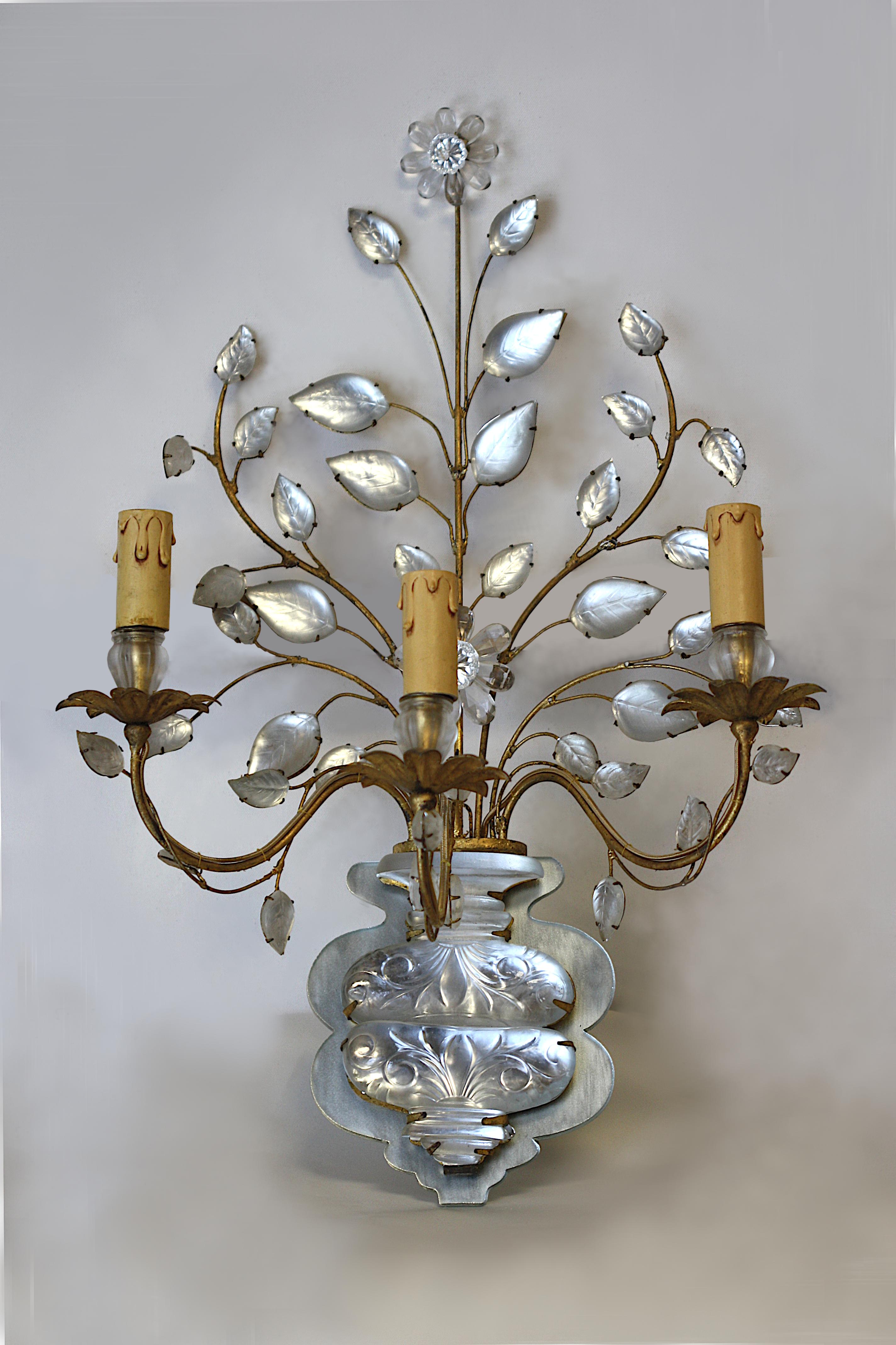 Pair of Italian Rock Crystal and Gilt Metal Three-Light Wall Lights In Good Condition For Sale In West Palm Beach, FL