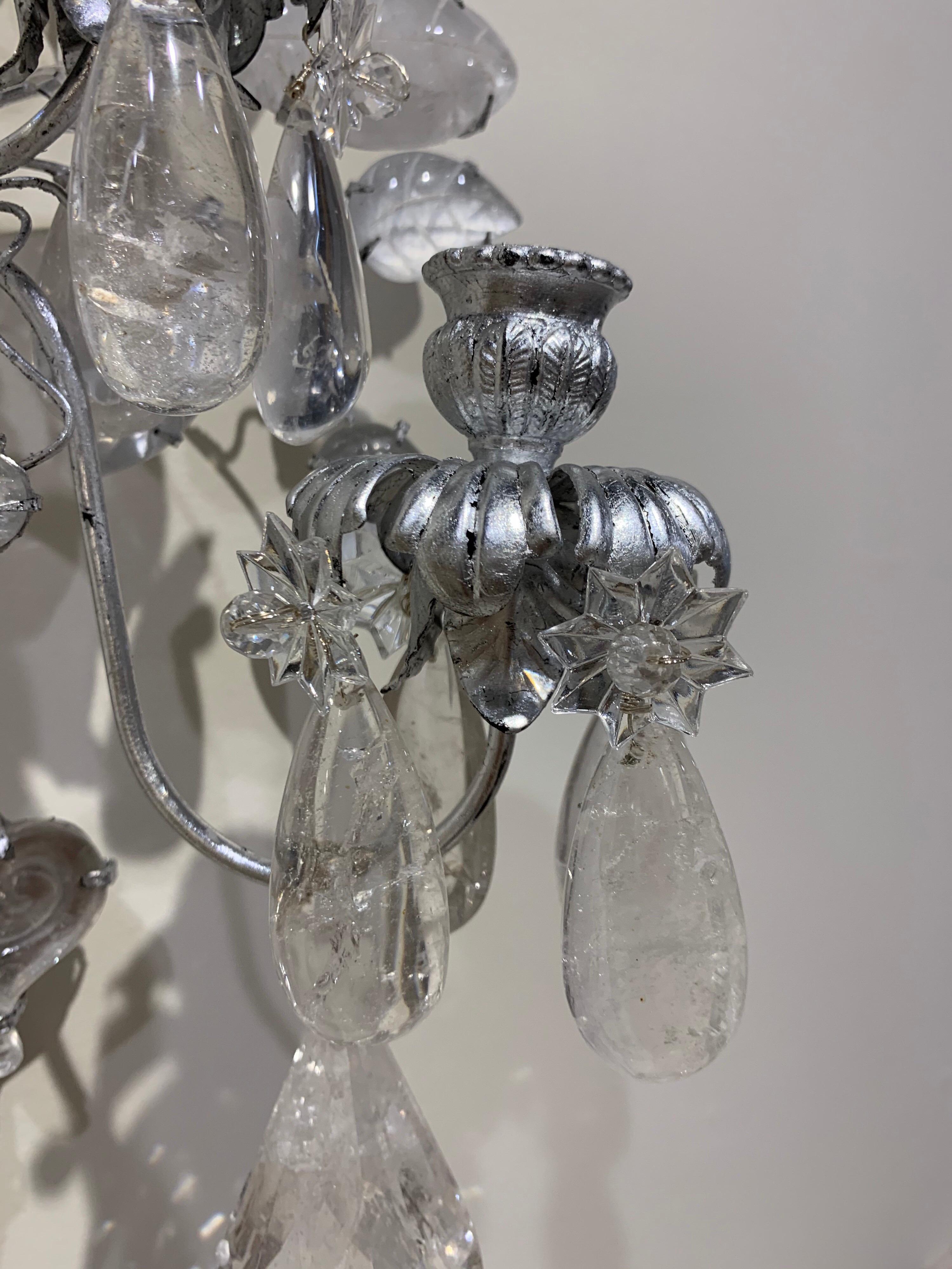 Silvered Pair of Italian Rock Crystal and Silver Gilt 4-Light Sconces