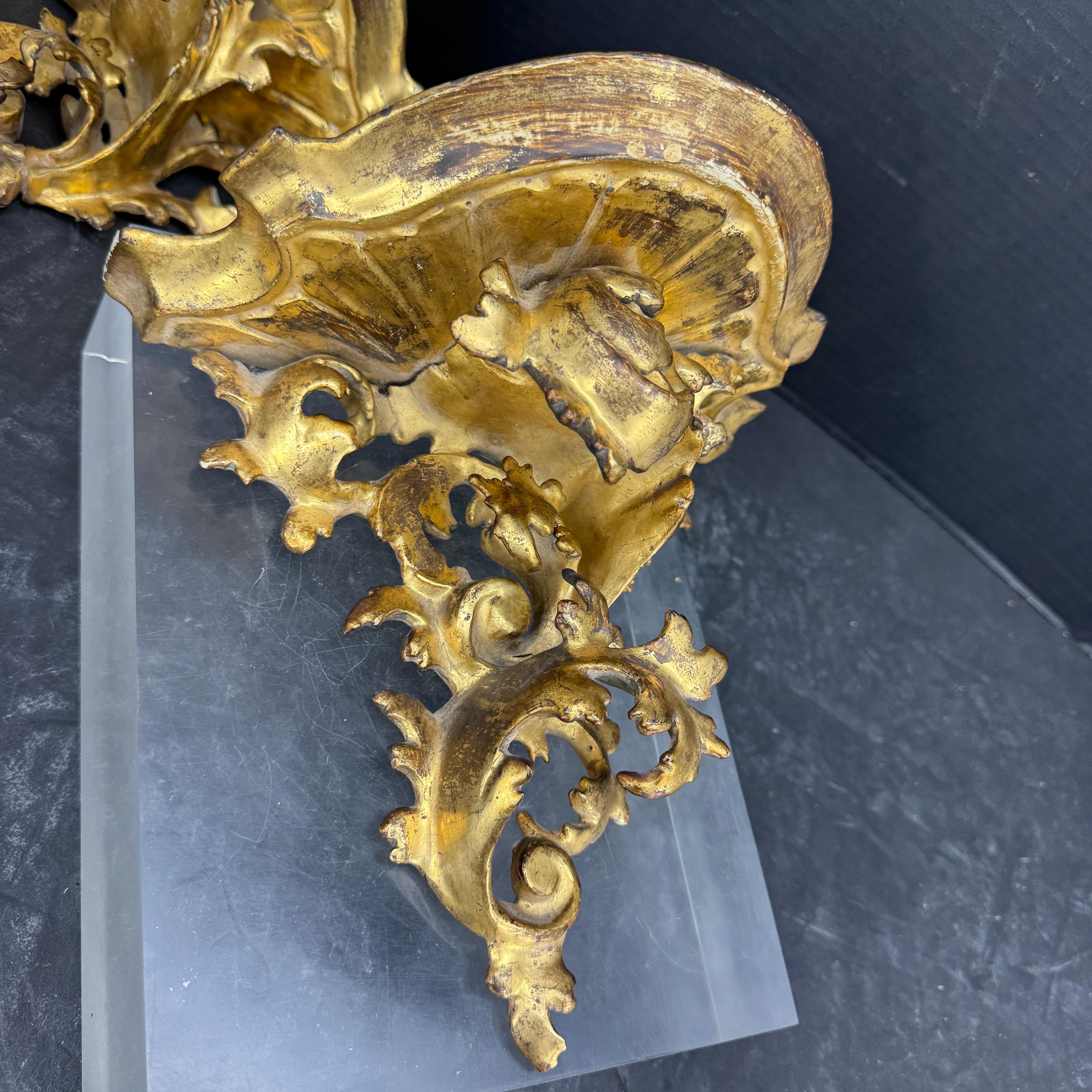 Par de Ménsulas de Pared de Arquitectura Rococó Italiana Doradas 7