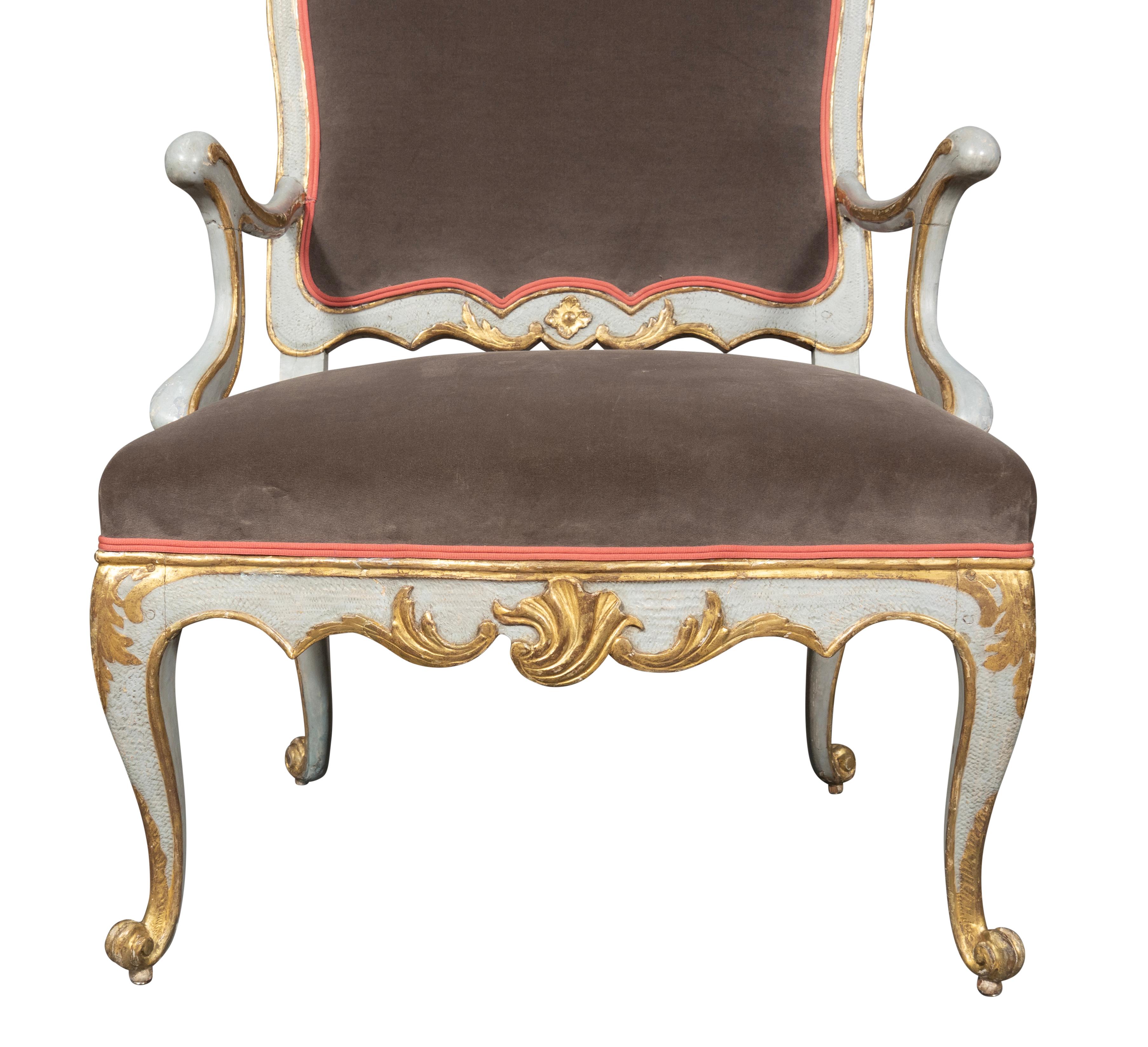 Pair Of Italian Rococo Blue Painted Armchairs For Sale 6
