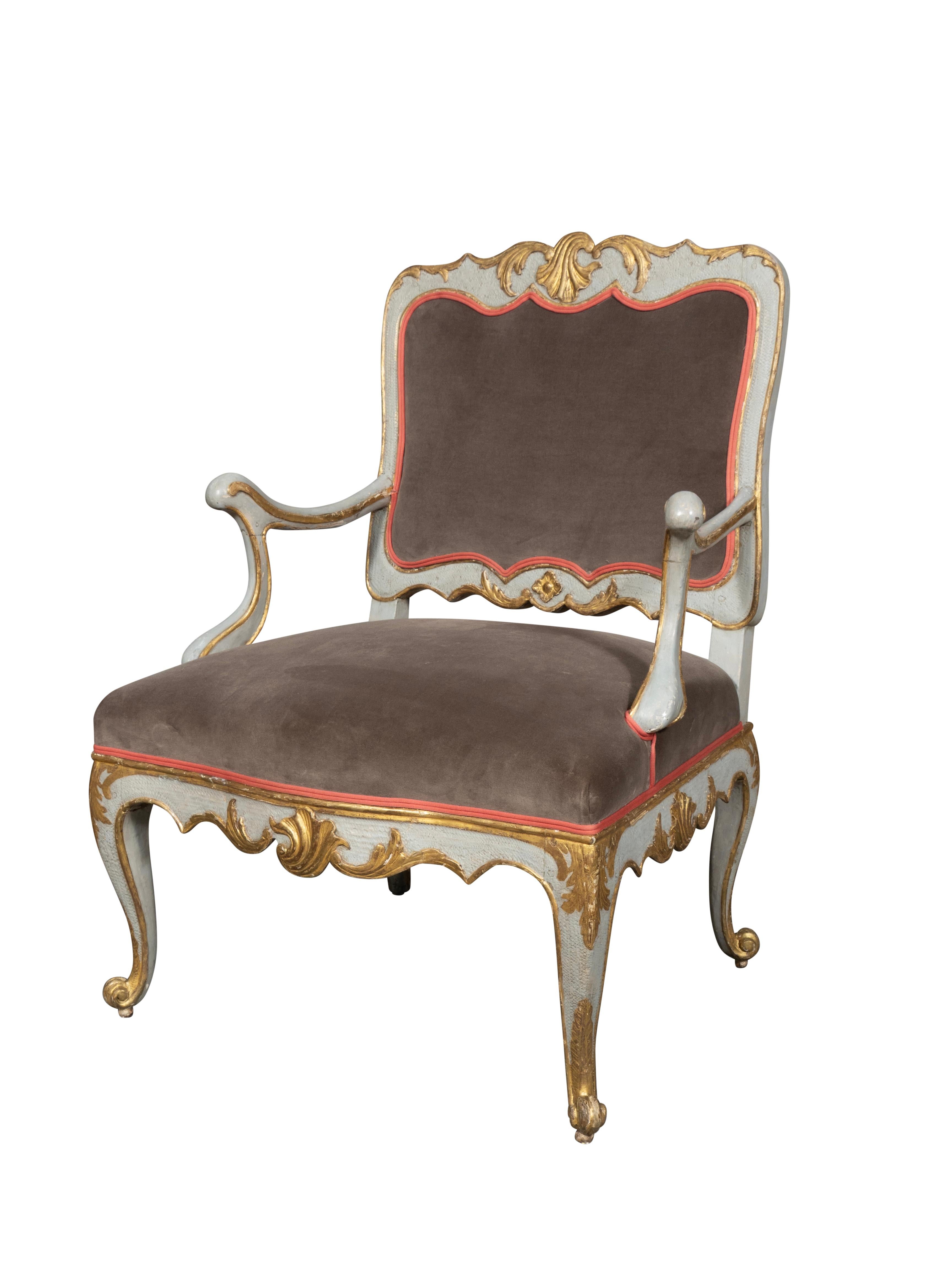 Super sturdy and usable with serpentine crestrail and upholstered back and seat. Generous proportions, cabriole legs. Gilt and blue painted . From a Palm Beach Florida Estate.