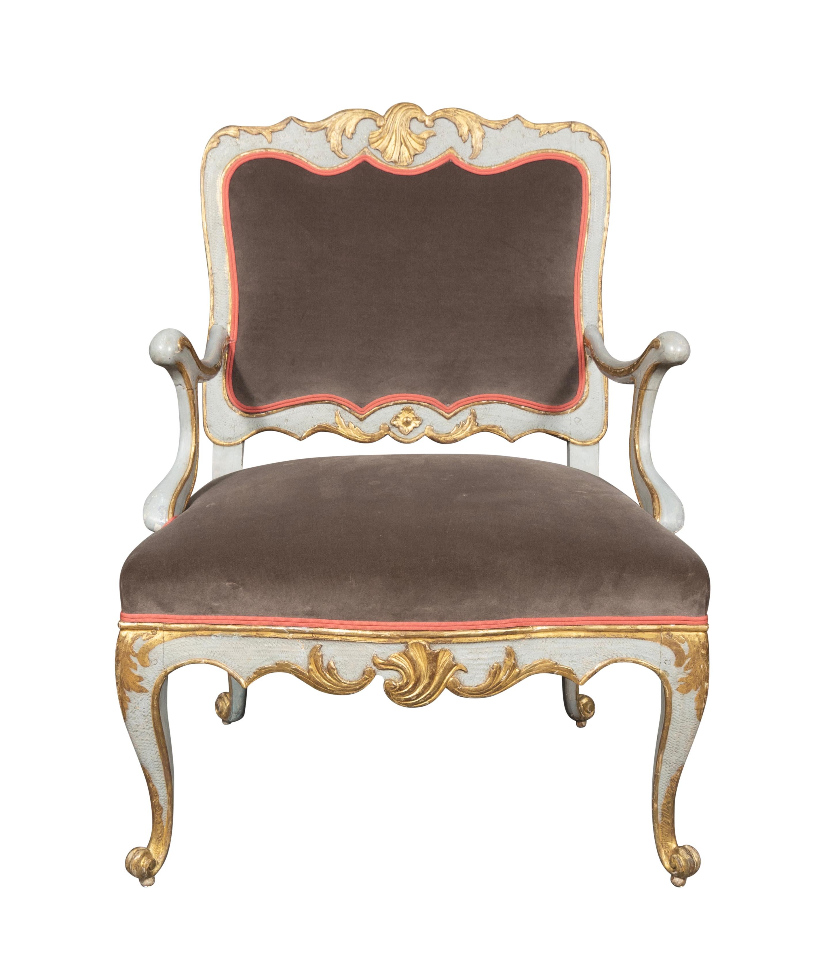 Pair Of Italian Rococo Blue Painted Armchairs In Good Condition For Sale In Essex, MA