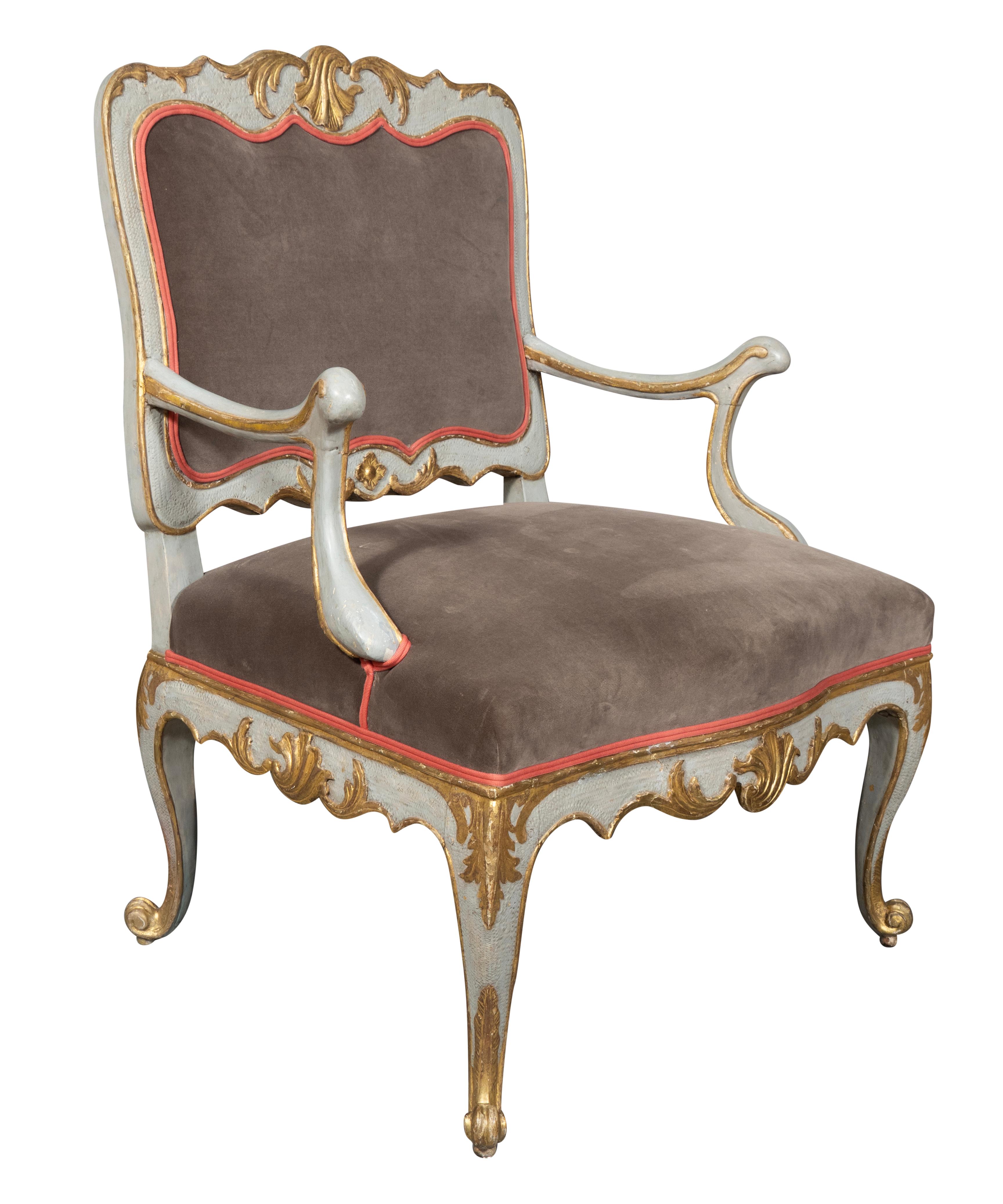 Mid-18th Century Pair Of Italian Rococo Blue Painted Armchairs For Sale