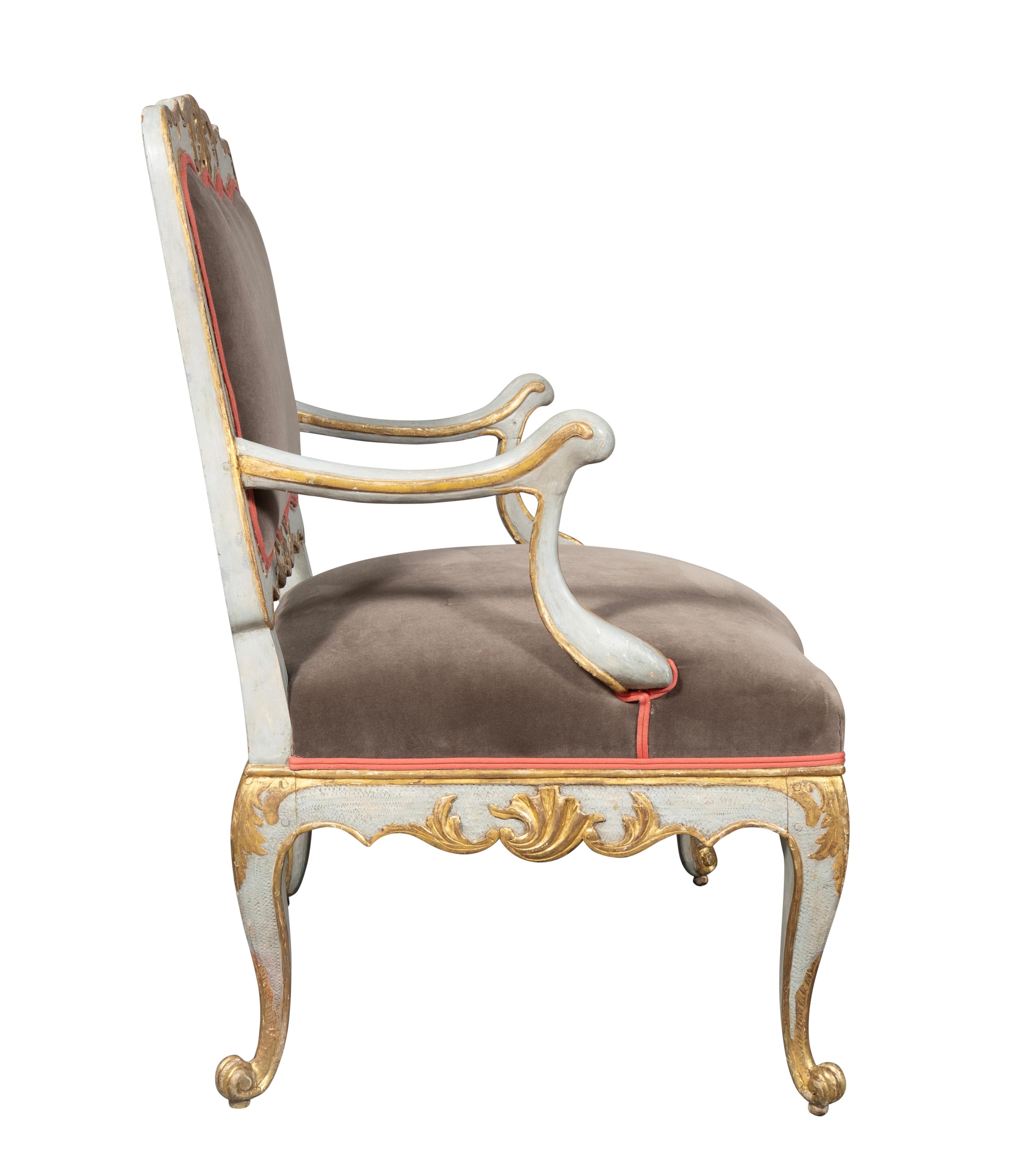 Giltwood Pair Of Italian Rococo Blue Painted Armchairs For Sale