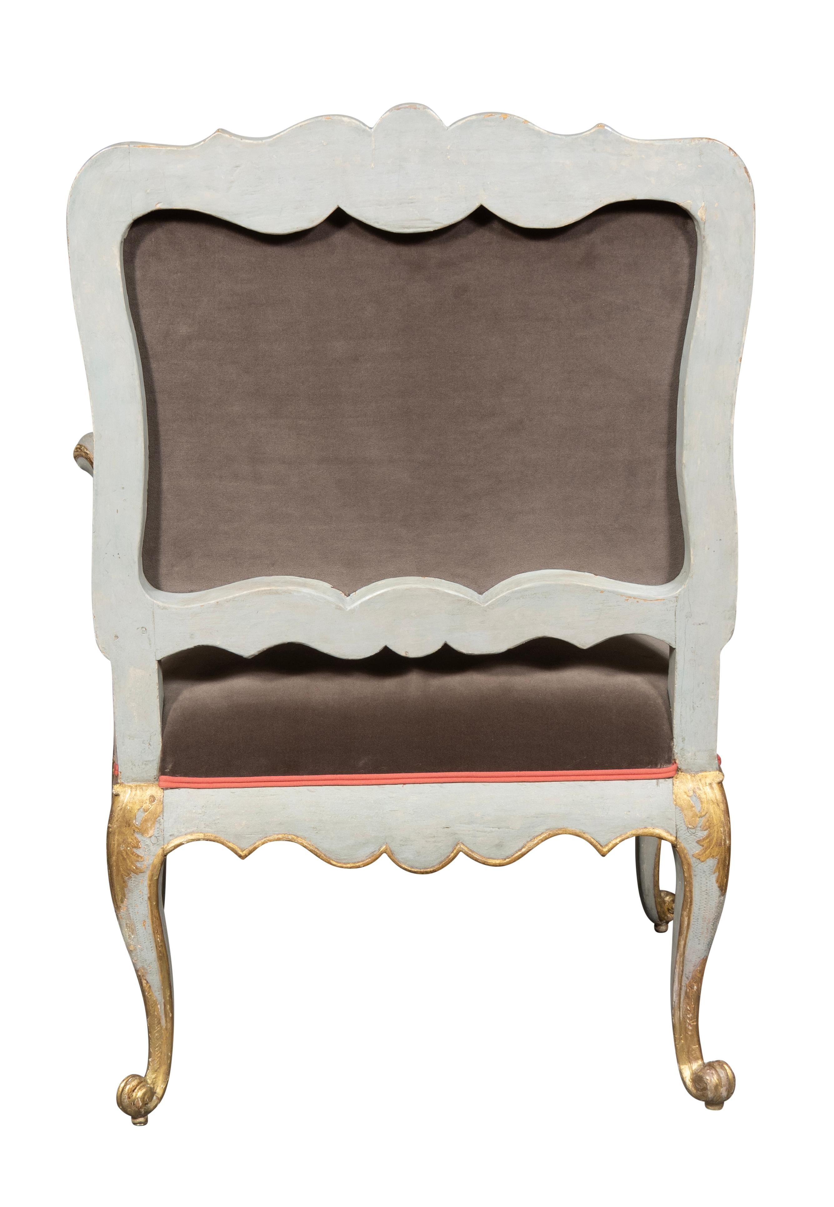 Pair Of Italian Rococo Blue Painted Armchairs For Sale 1