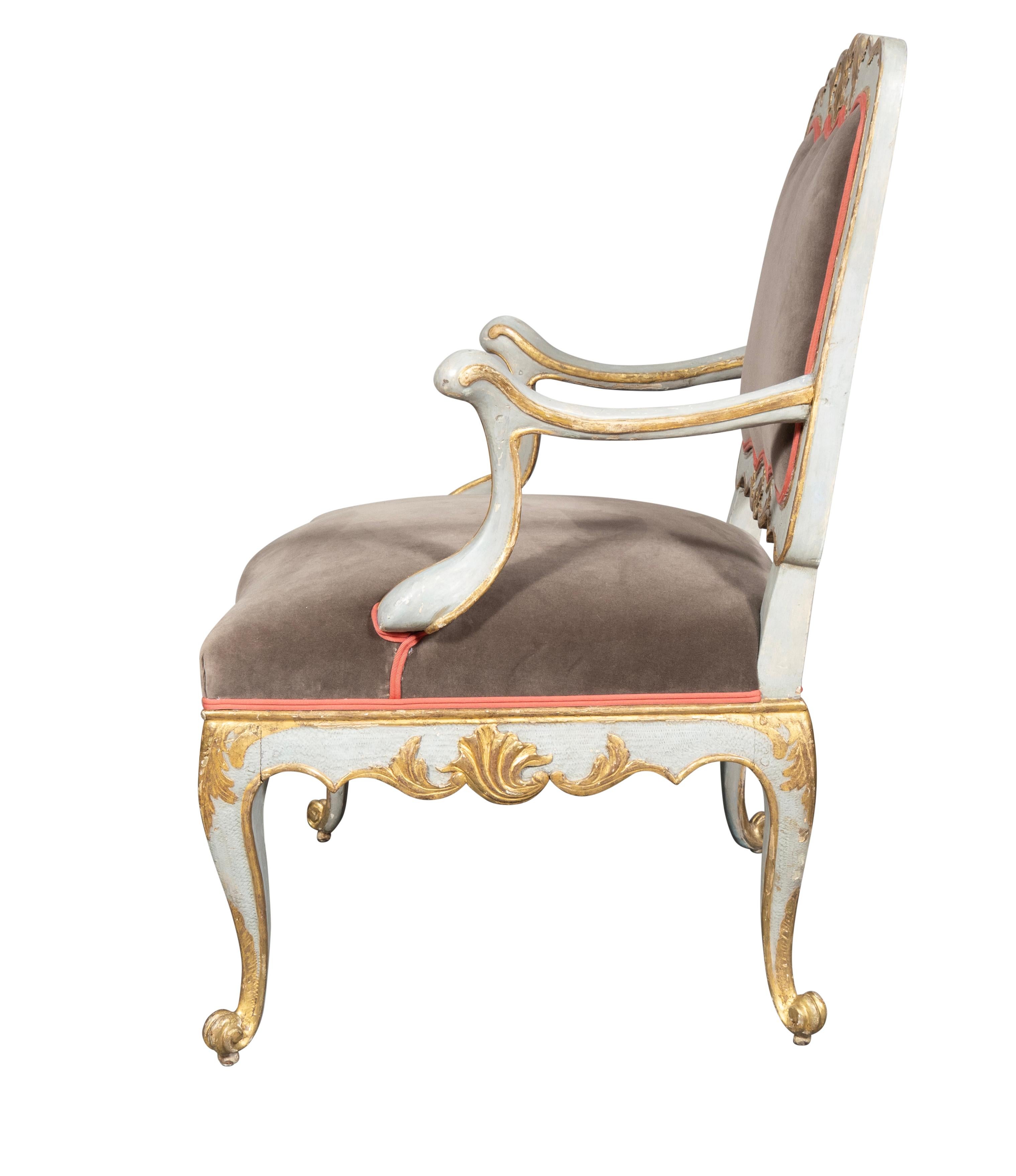 Pair Of Italian Rococo Blue Painted Armchairs For Sale 2