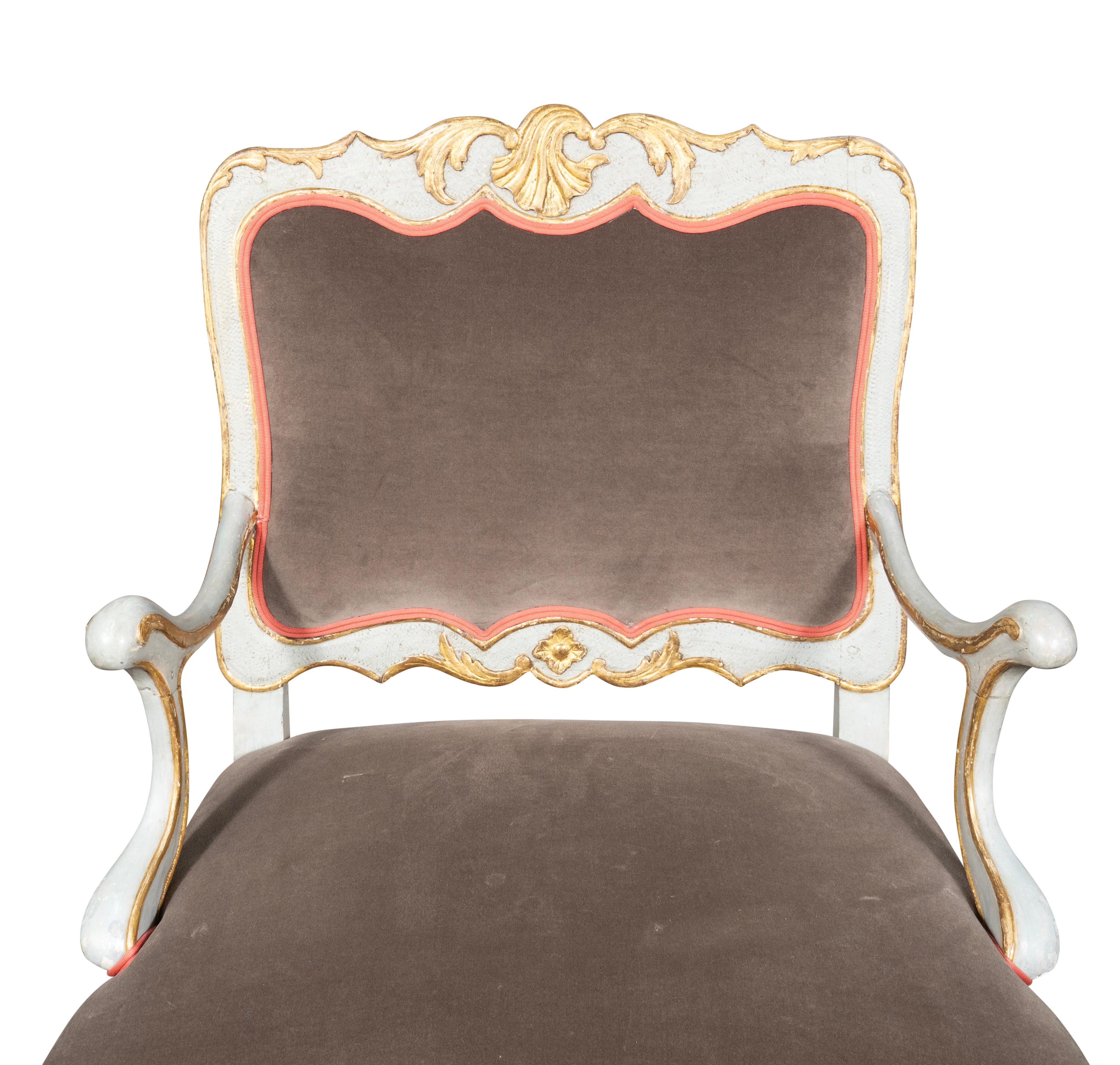 Pair Of Italian Rococo Blue Painted Armchairs For Sale 4