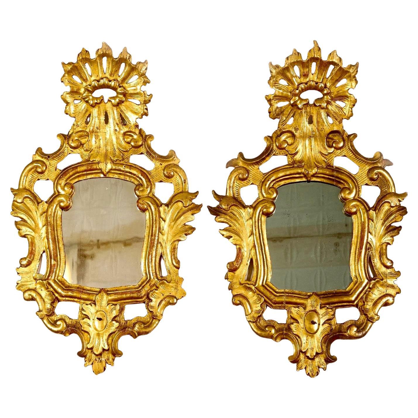 Pair of Italian Rococo Carved Gilt Wood Mirrors For Sale at 1stDibs