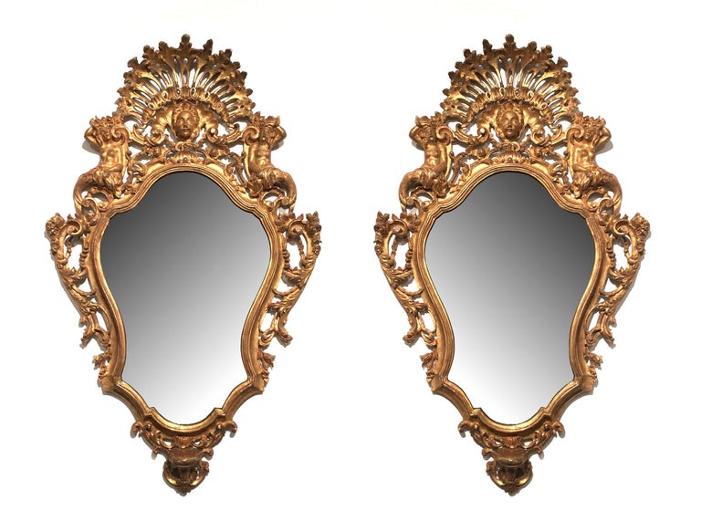 Pair of Italian Rococo Carved Giltwood Wall Mirrors For Sale at 1stDibs