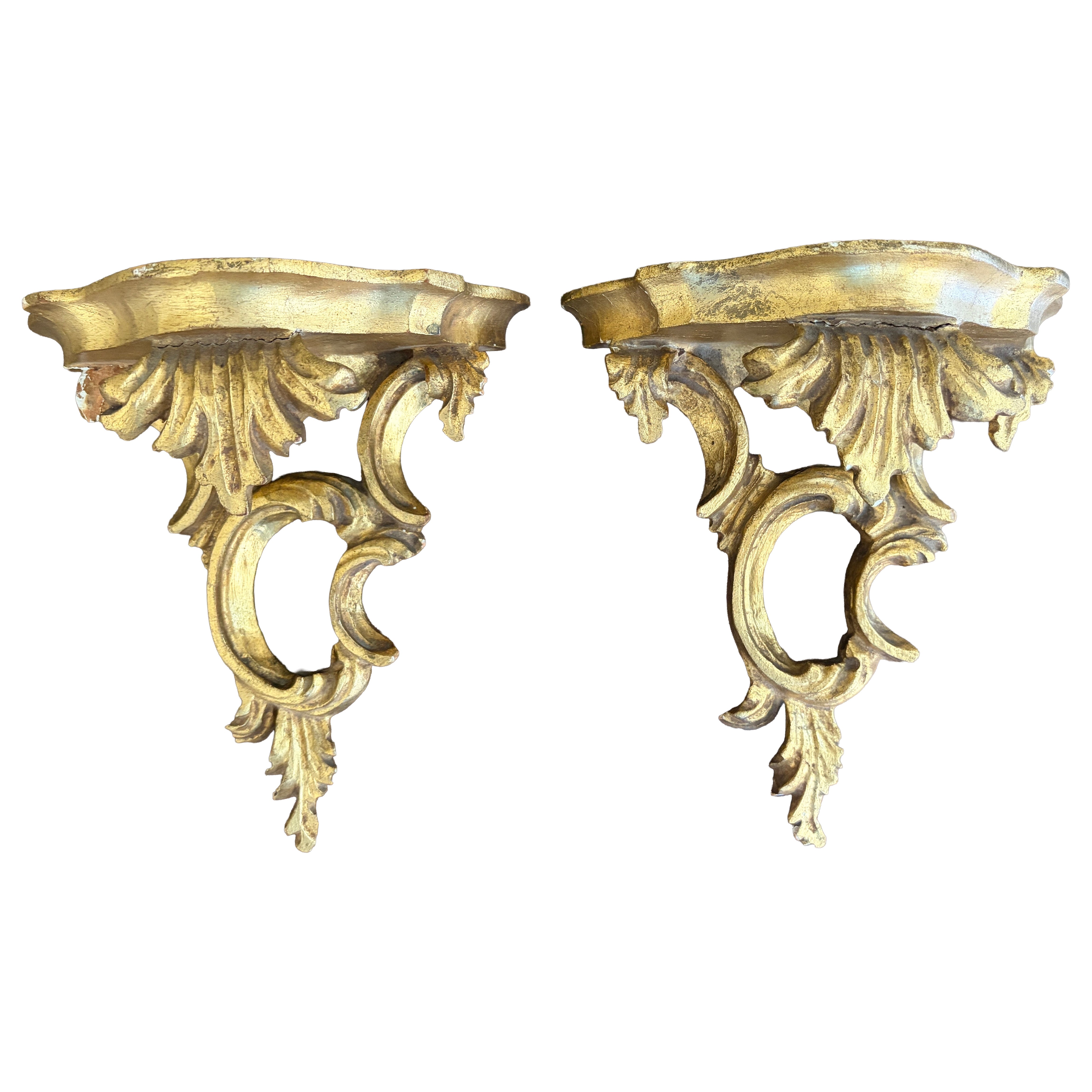 Pair of Italian Rococo Carved Giltwood Wall Shelves, Mid-20th Century For Sale