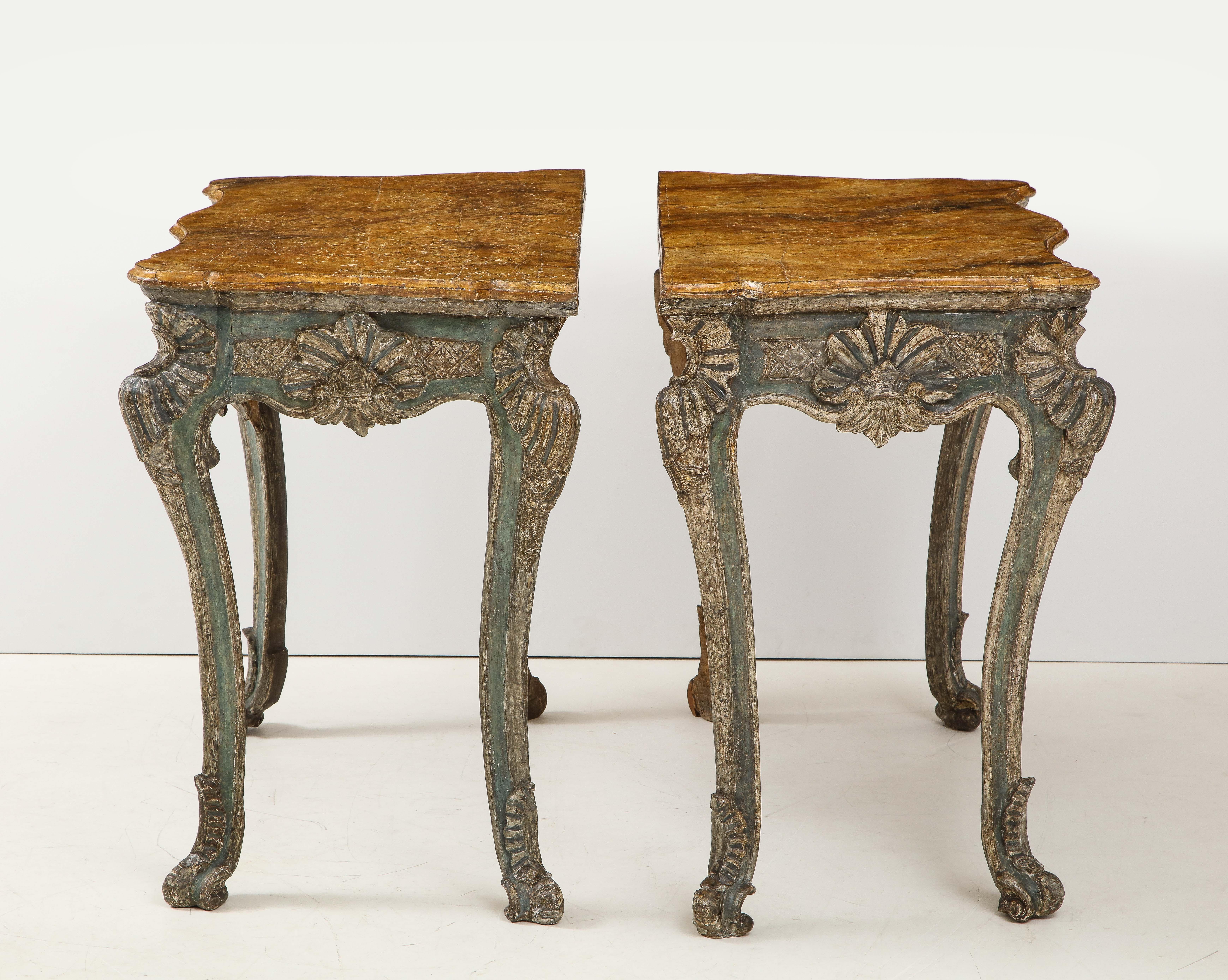 Hand-Carved Pair of Italian Rococo Console Tables For Sale