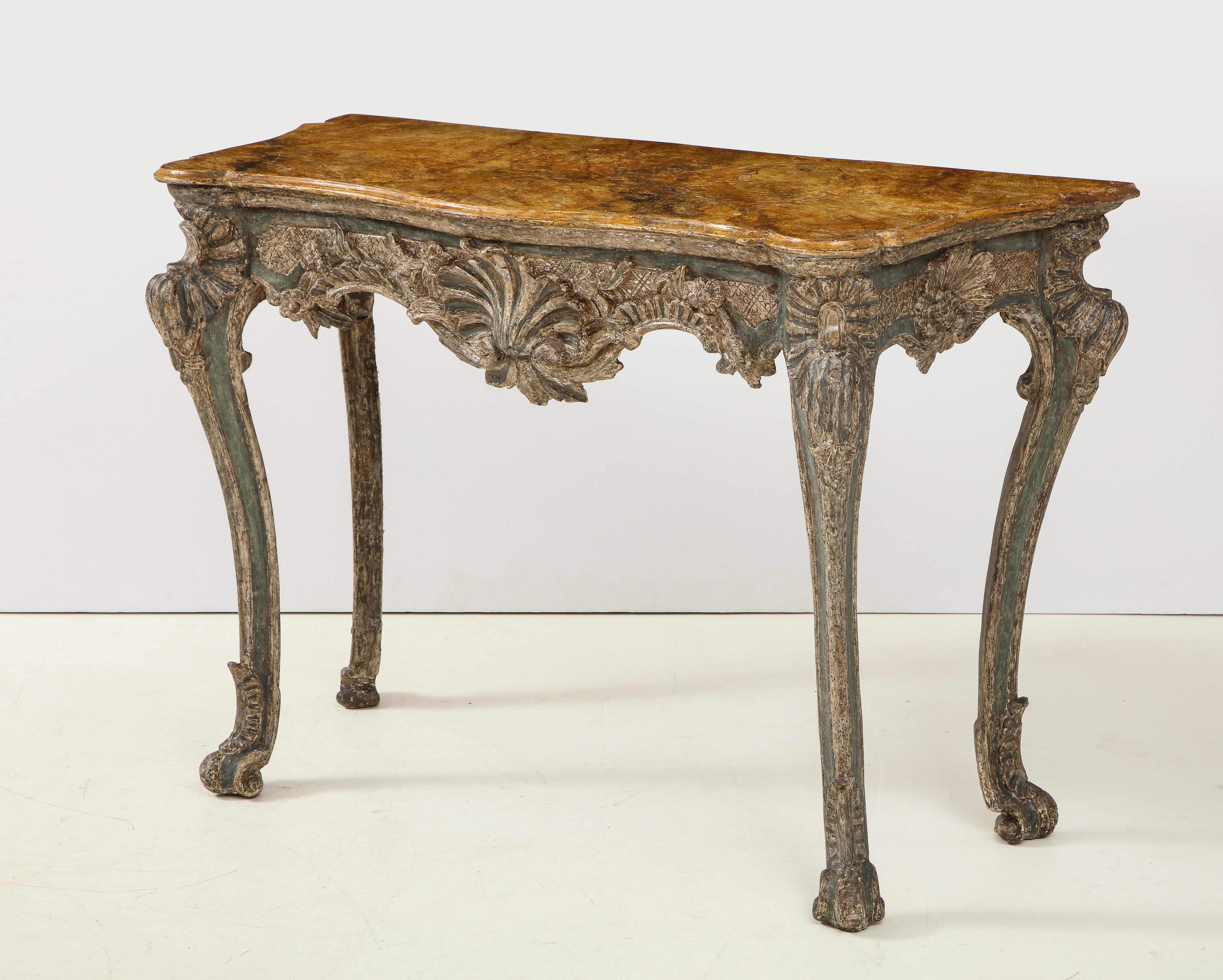 Silver Leaf Pair of Italian Rococo Console Tables For Sale