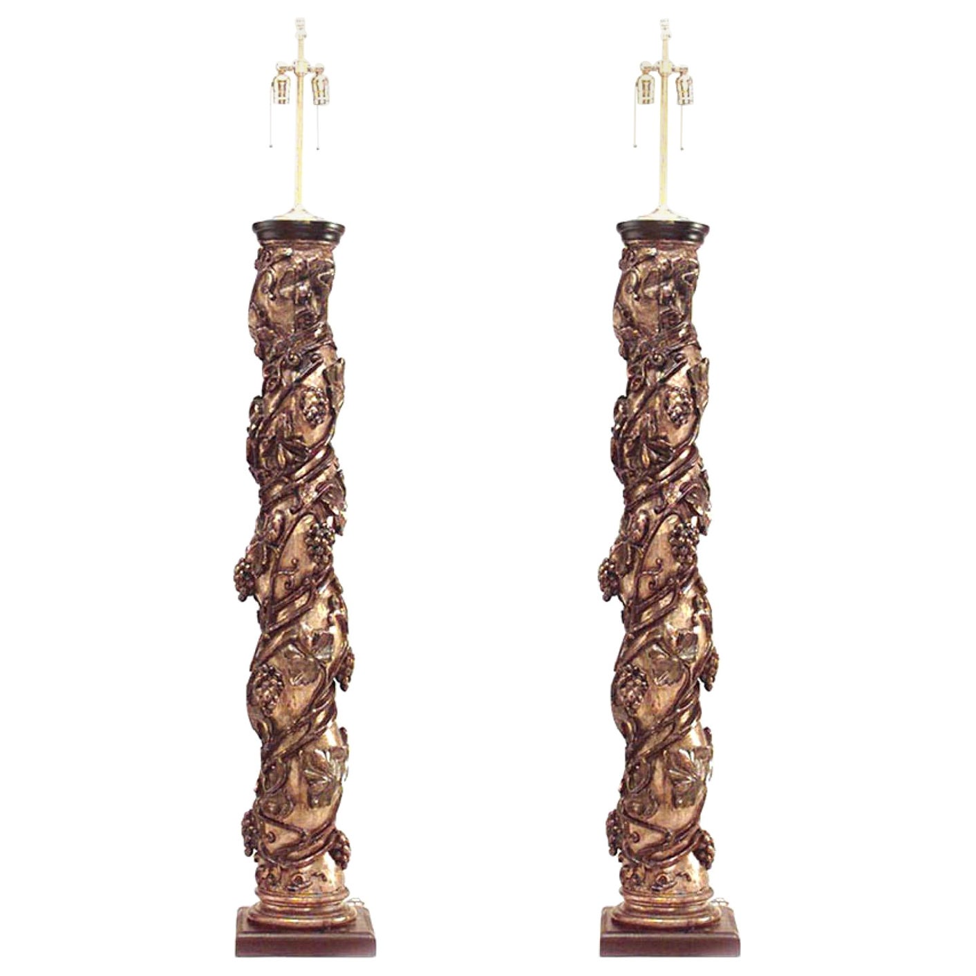 Pair of Italian Rococo Gilt Polychromed Solomonic Column Floor Lamps