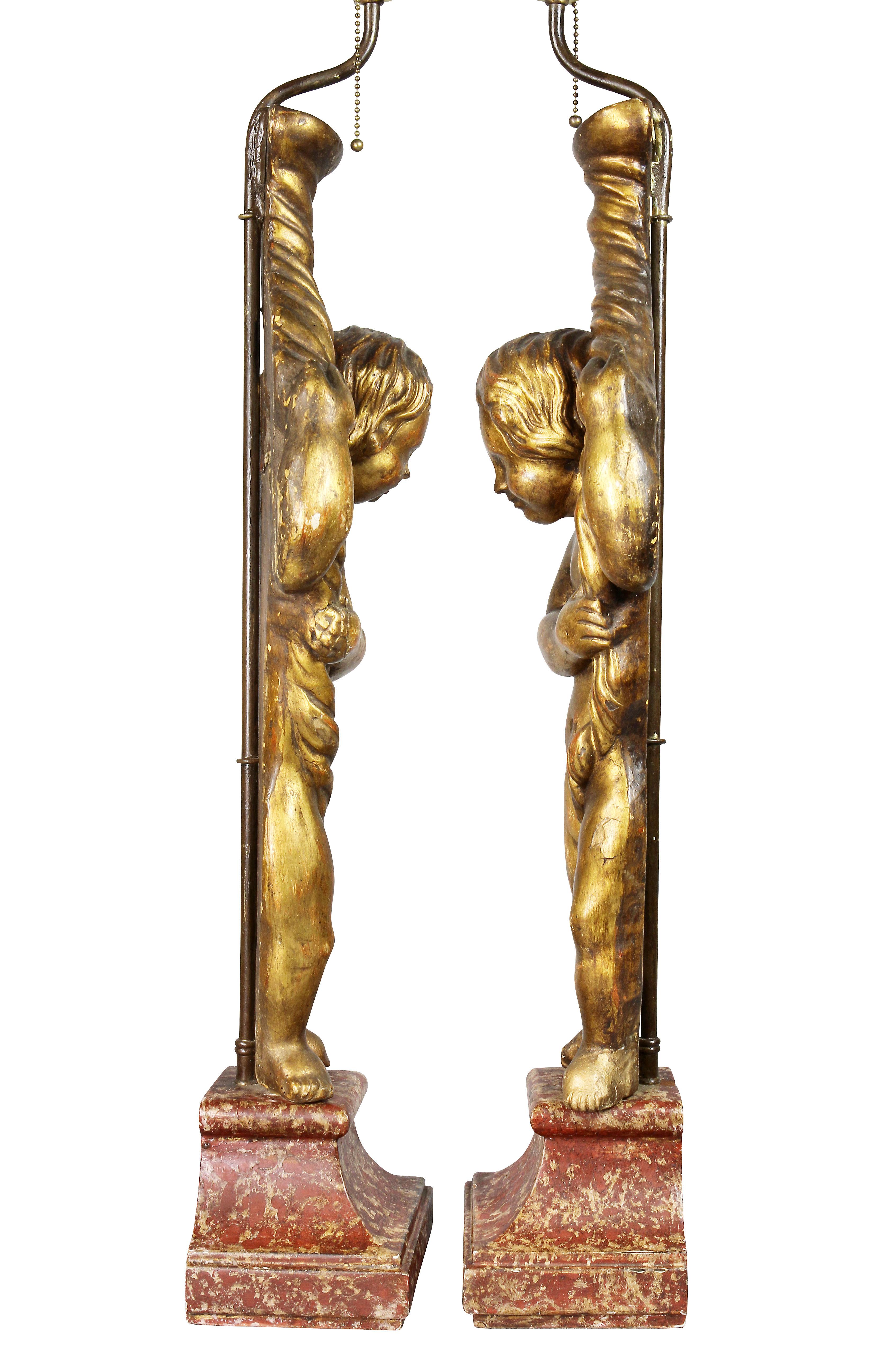 Pair of Italian Rococo Giltwood Figural Lamps For Sale 1
