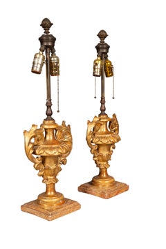 Pair Of Italian Rococo Giltwood Urns Mounted As Lamps