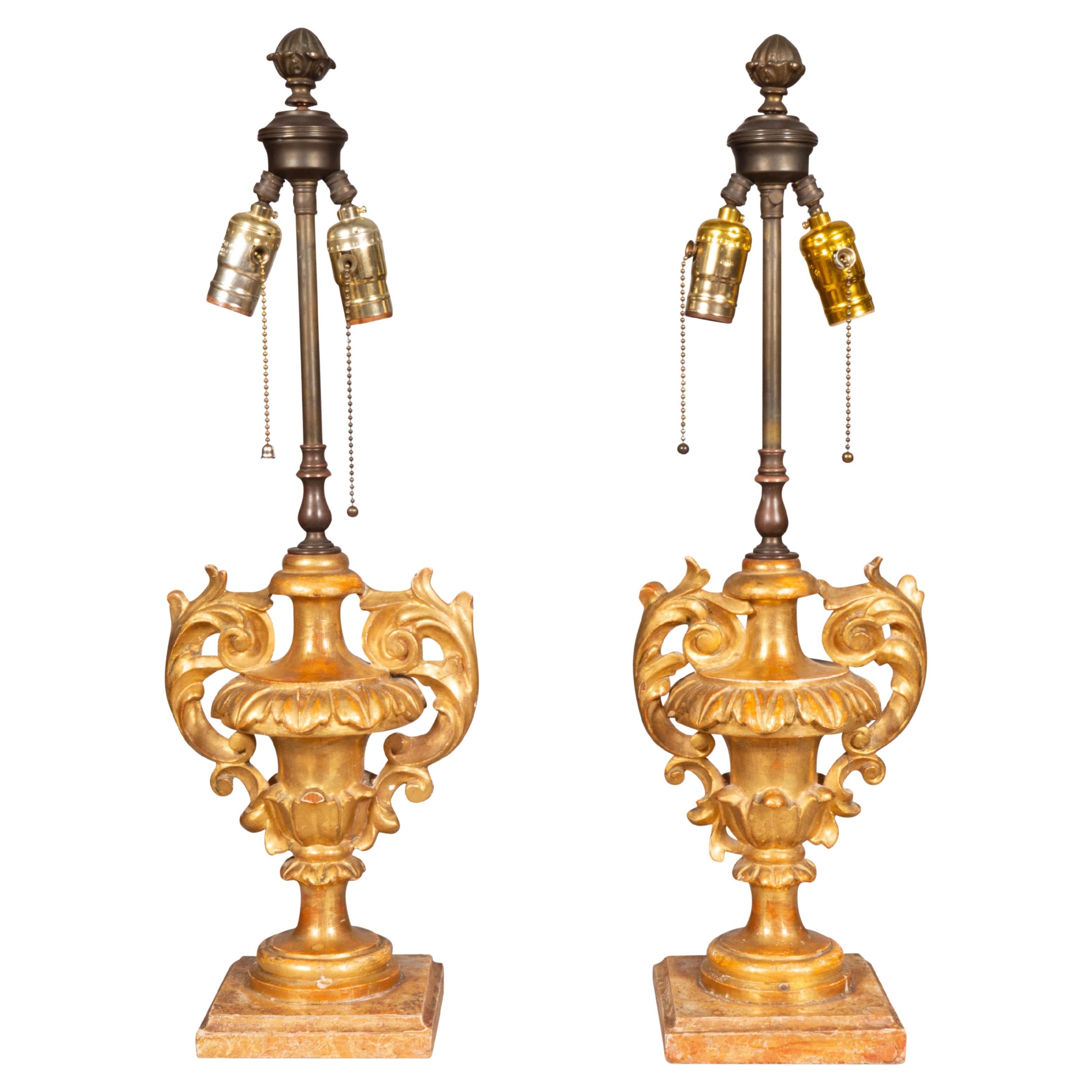 Pair Of Italian Rococo Giltwood Urns Mounted As Lamps