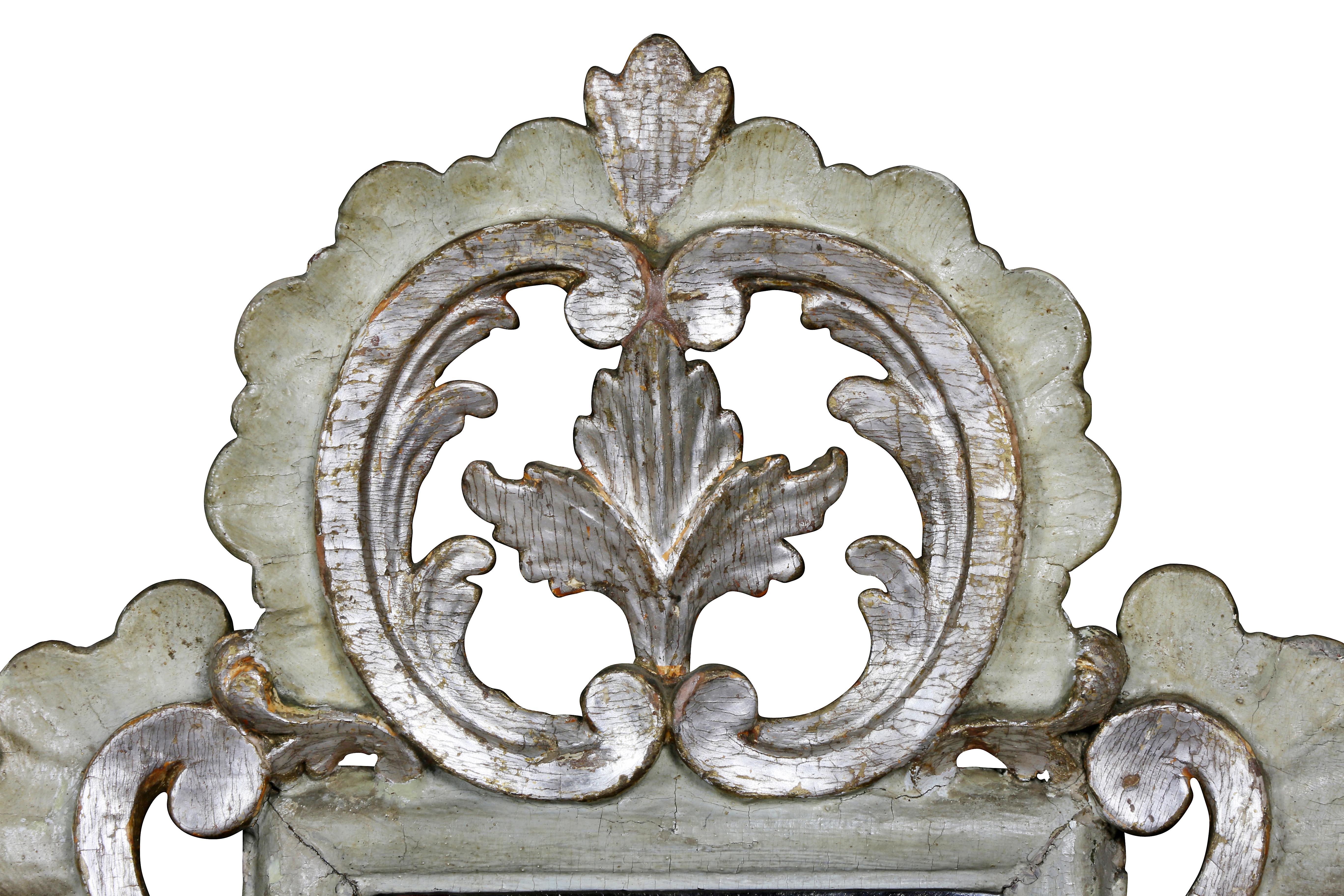 Pair of Italian Rococo Gray Painted and Silver Gilt Girandole Mirrors In Good Condition For Sale In Essex, MA