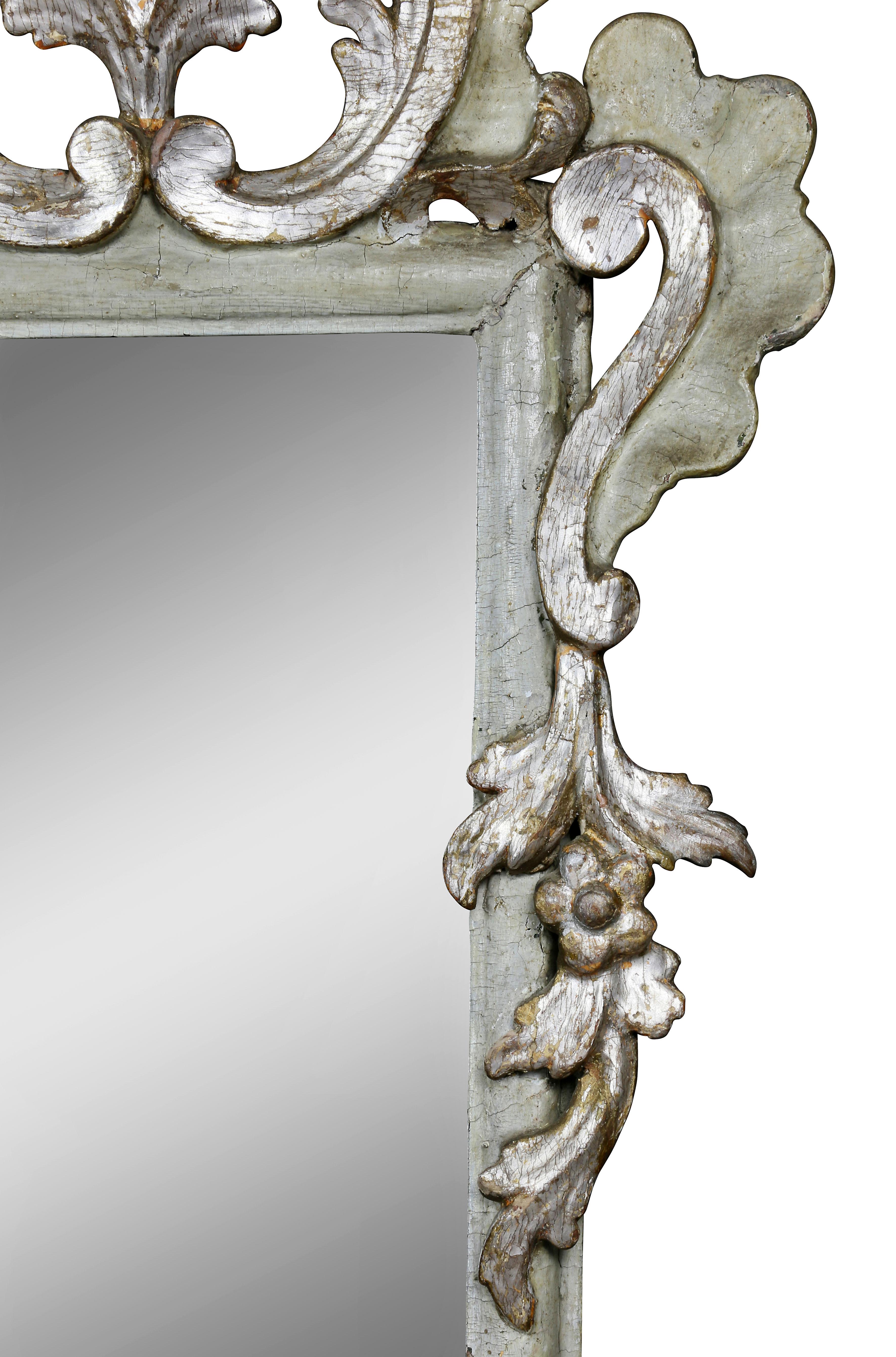Mid-18th Century Pair of Italian Rococo Gray Painted and Silver Gilt Girandole Mirrors For Sale