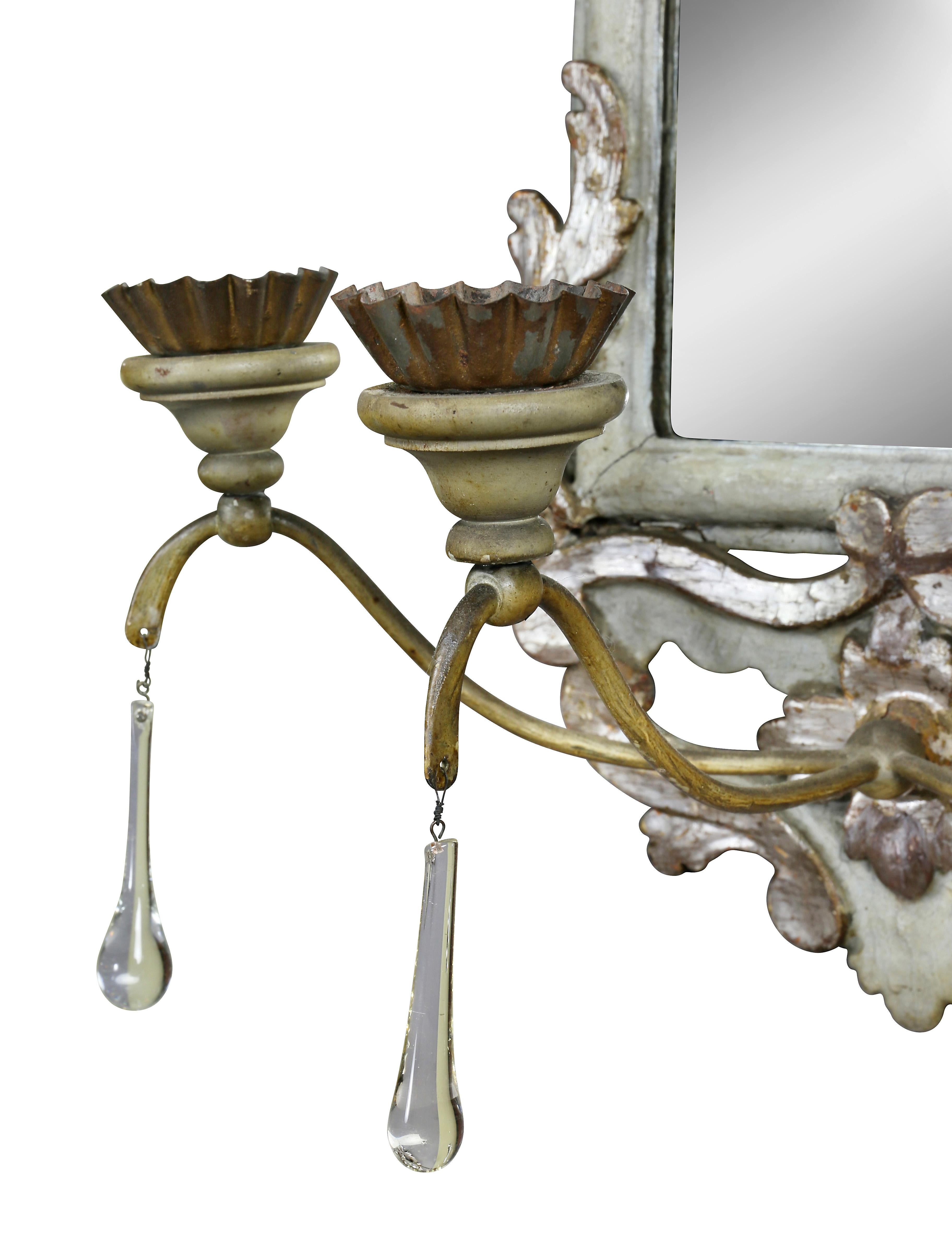 Pair of Italian Rococo Gray Painted and Silver Gilt Girandole Mirrors For Sale 2