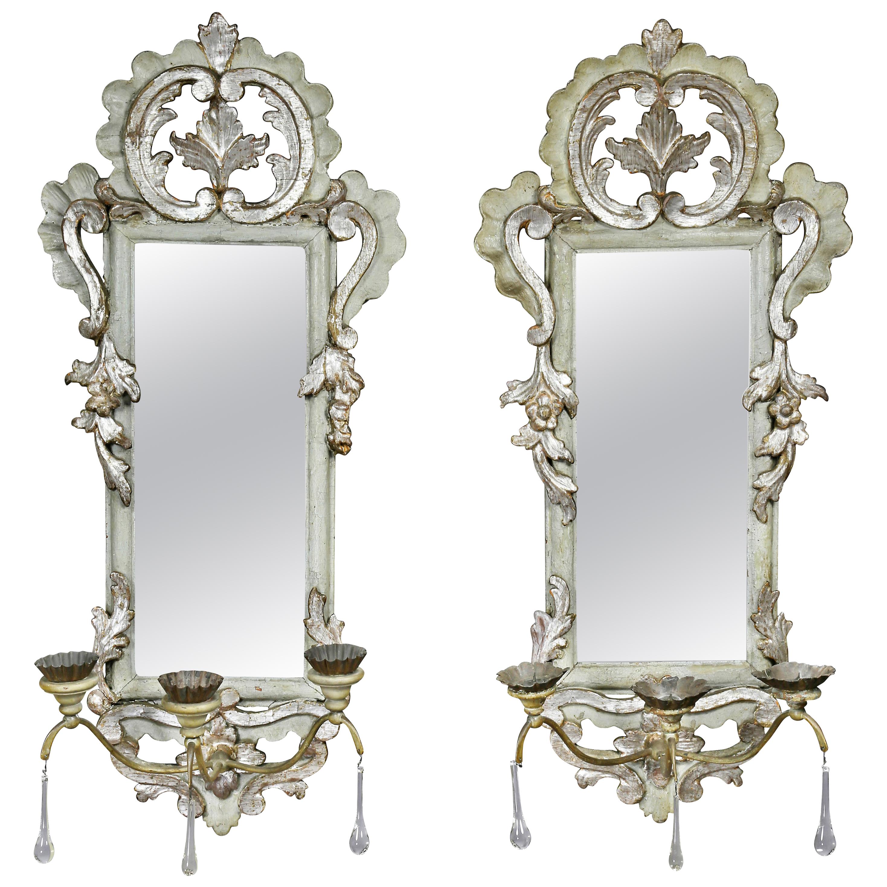 Pair of Italian Rococo Gray Painted and Silver Gilt Girandole Mirrors
