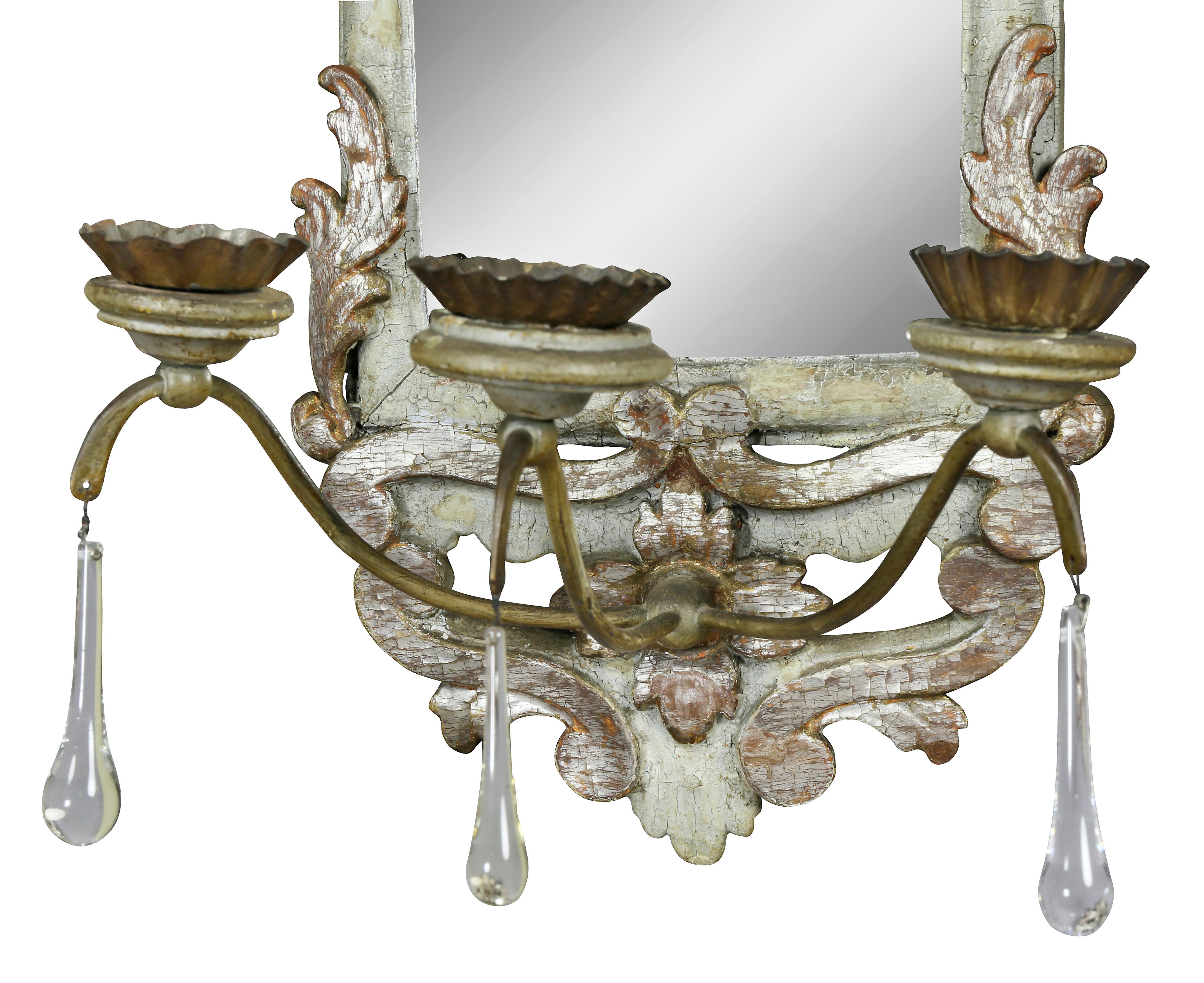 Other Pair of Italian Rococo Gray Painted and Silver Gilt Mirrored Wall Lights