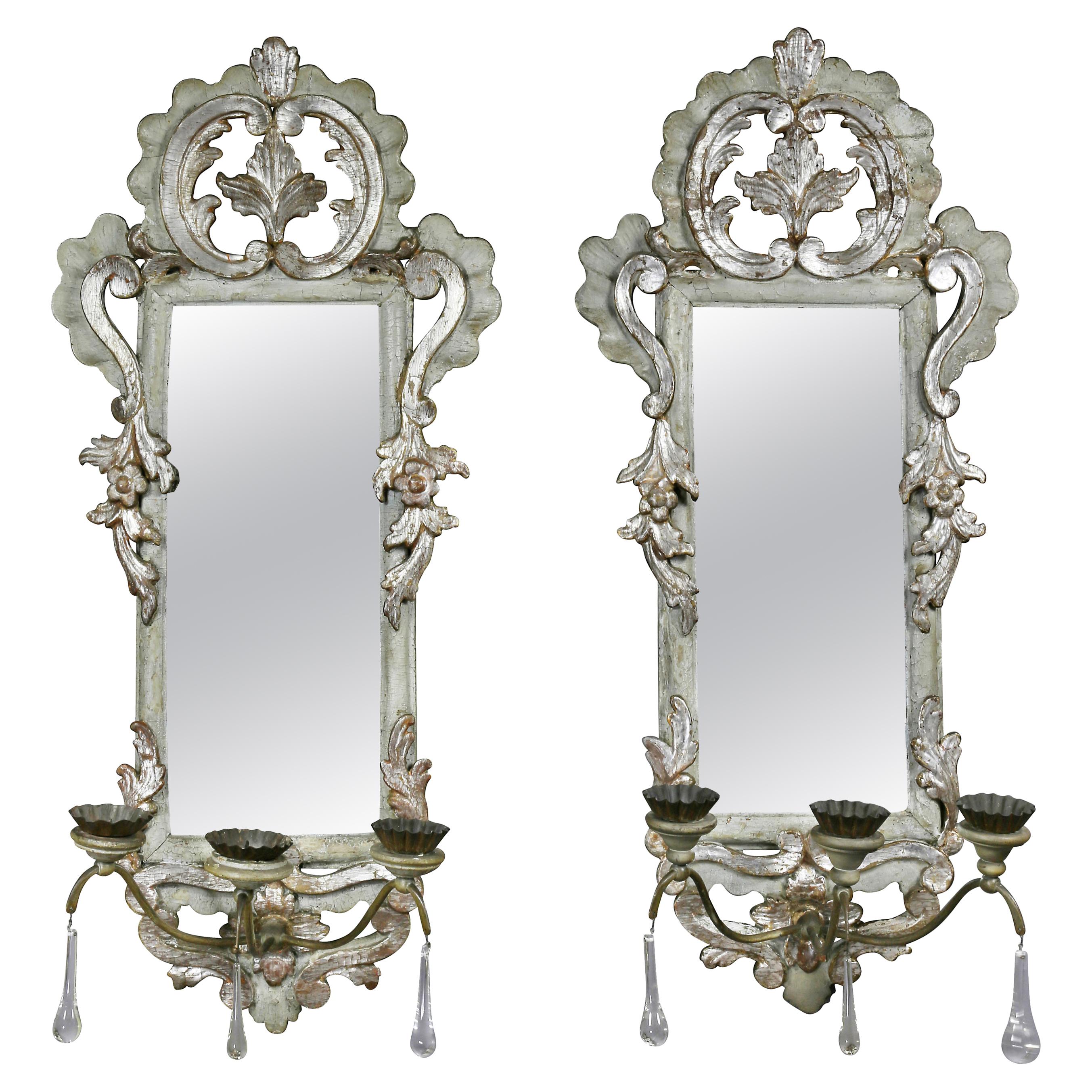Pair of Italian Rococo Gray Painted and Silver Gilt Mirrored Wall Lights