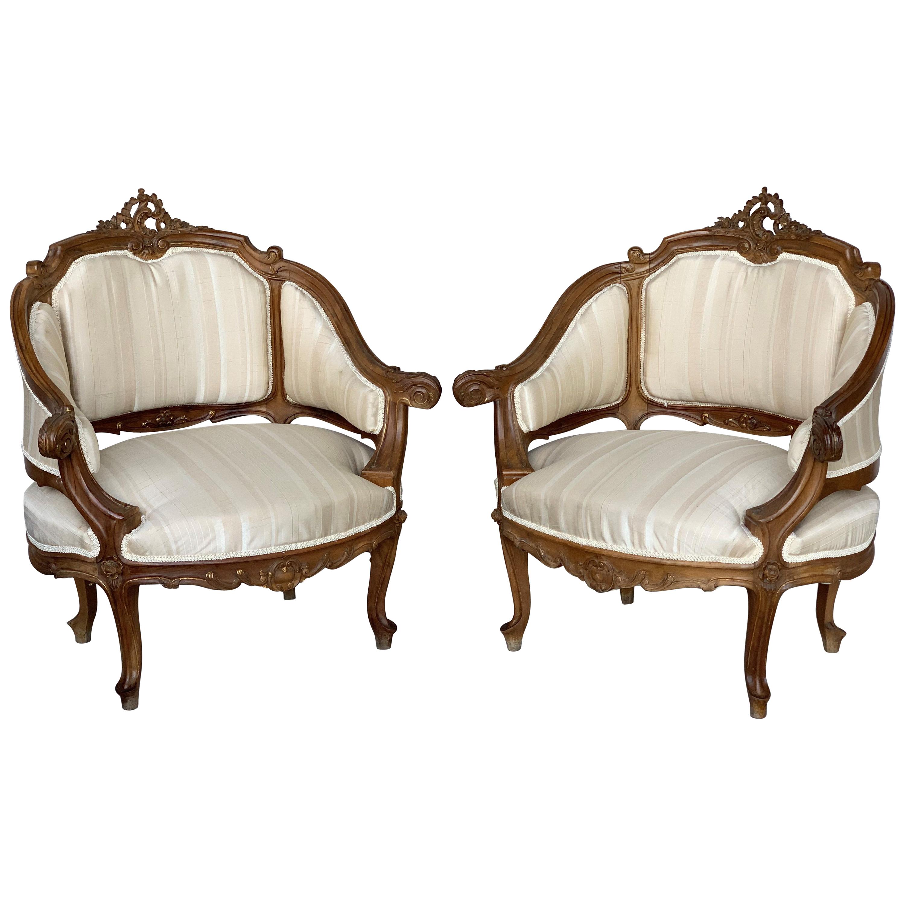 Pair of Italian Rococó Louis XV Fauteuils or Slipper Chairs