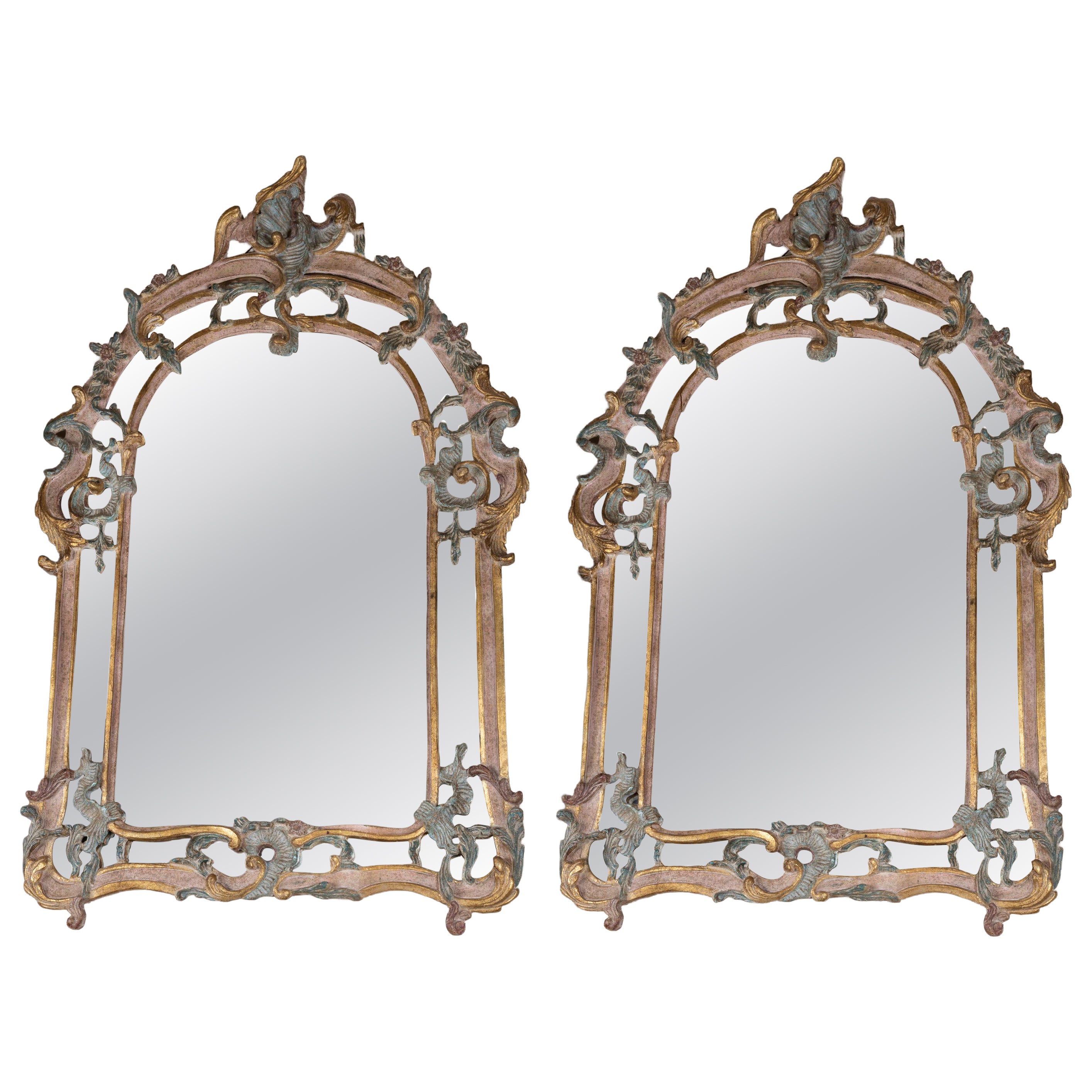 Pair Of Italian Rococo Mirrors with Slight Gilding and Pastel Colors