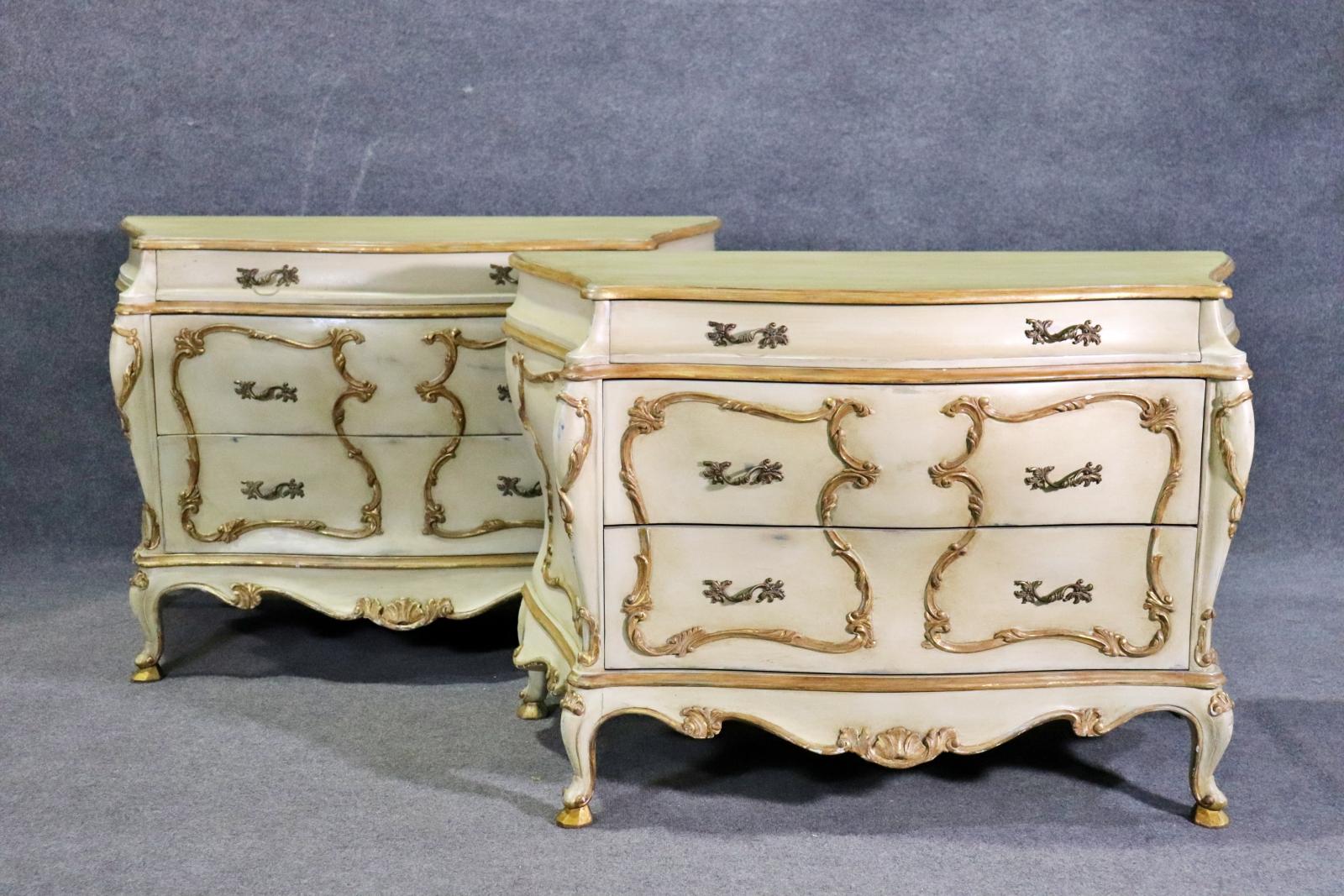 Rococo Revival Pair of Italian Rococo Paint Decorated Creme and Giltwood Commodes  For Sale