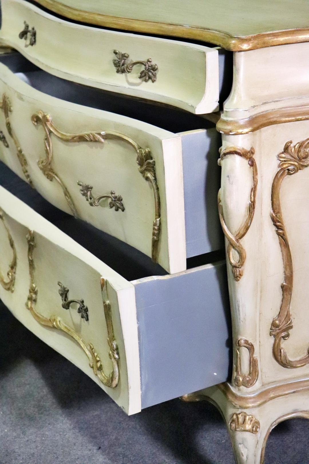 Mid-20th Century Pair of Italian Rococo Paint Decorated Creme and Giltwood Commodes  For Sale