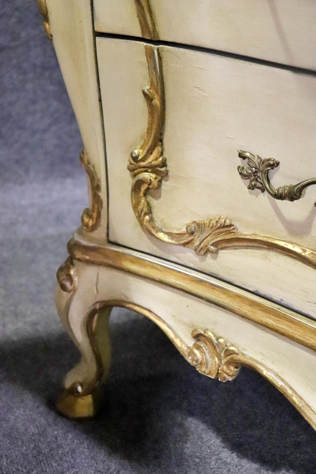 Walnut Pair of Italian Rococo Paint Decorated Creme and Giltwood Commodes  For Sale