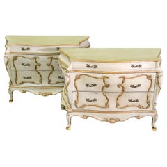Vintage Pair of Italian Rococo Paint Decorated Creme and Giltwood Commodes 