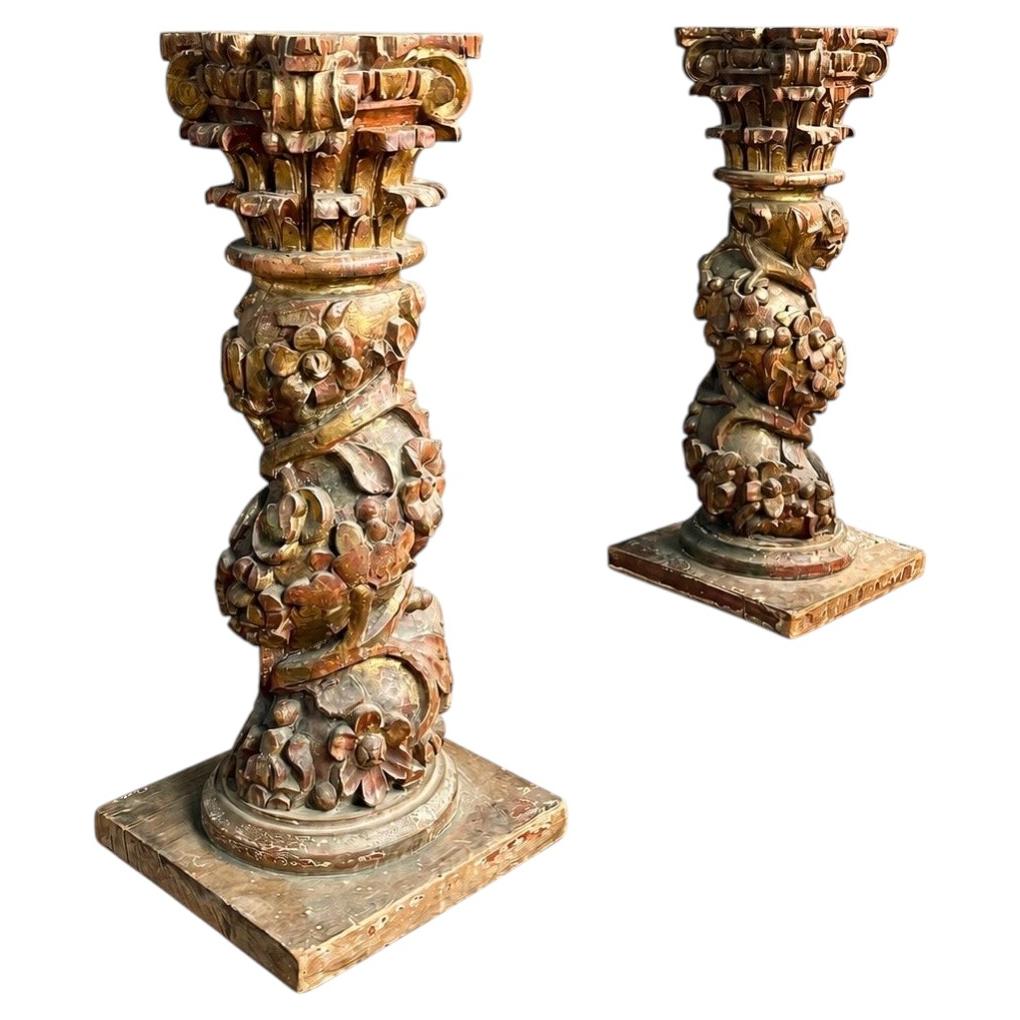 Pair of Italian Rococo Painted and Parcel Gilt Columns