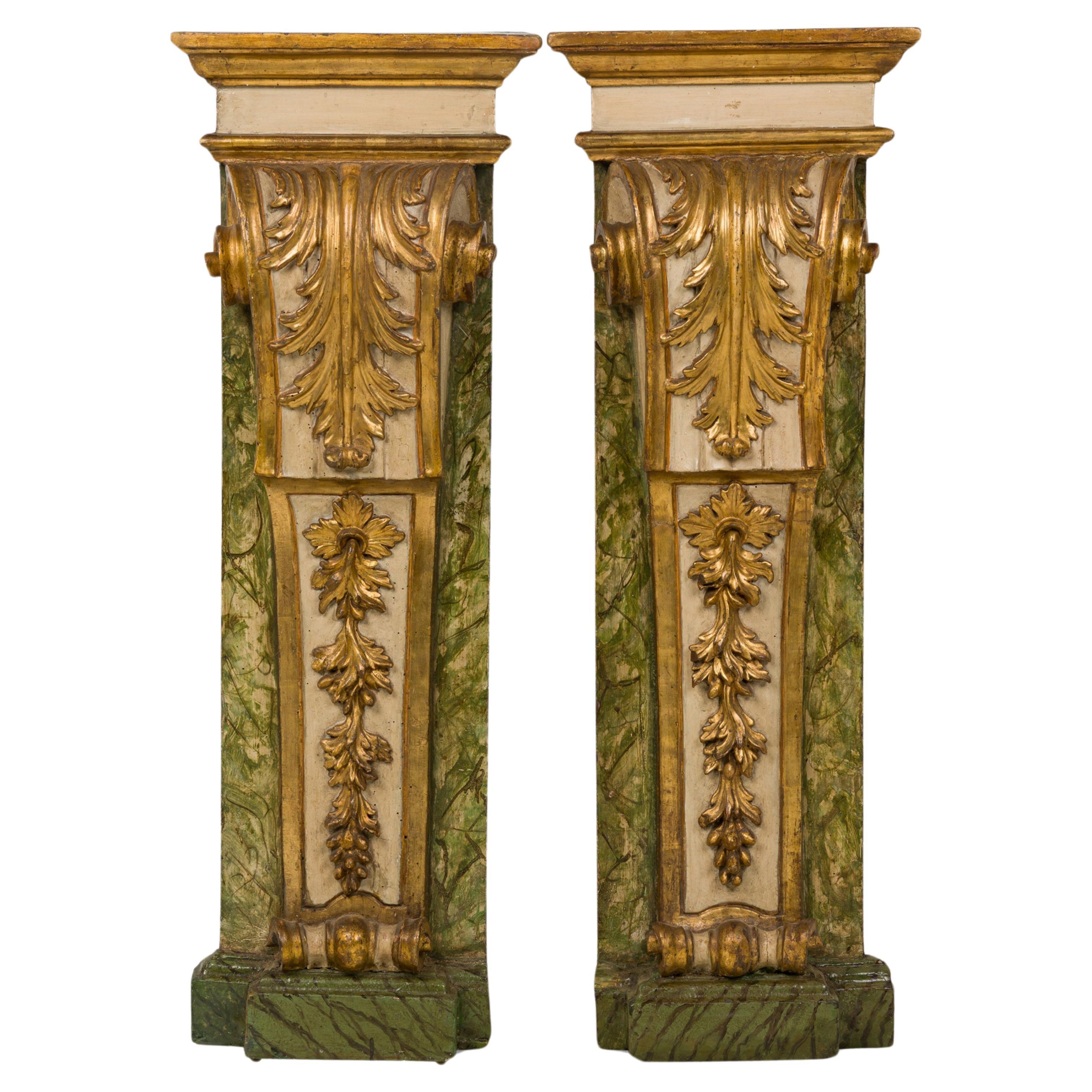 Pair of Italian Rococo Parcel Gilt Painted Foliate Wood Wall Pilaster Pedestals