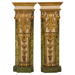 Pair of Italian Rococo Parcel Gilt Painted Foliate Wood Wall Pilaster Pedestals