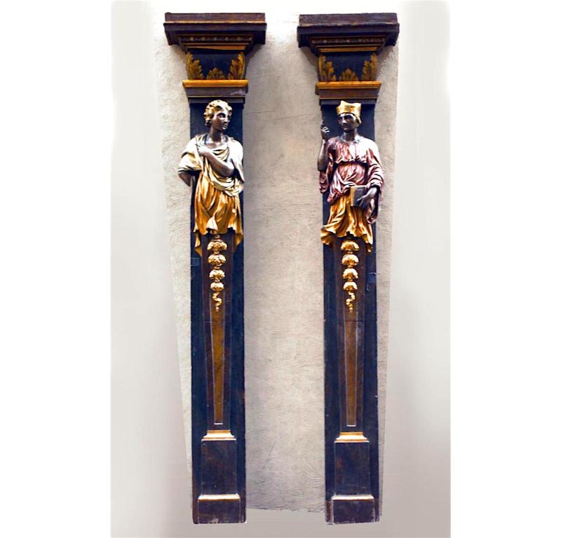 PAIR of Italian Rococo style (19th Century) polychromed pilasters with life size religious figures (PRICED AS PAIR).